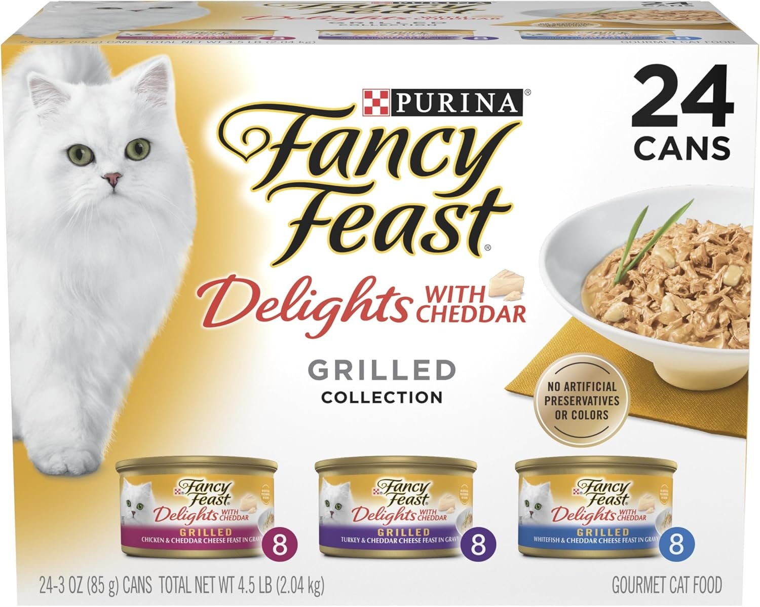 Purina Fancy Feast Delights with Cheddar Grilled Chicken, Turkey or Whitefish and Cheddar Cheese Feast in Gravy Wet Cat Food Variety Pack – (Pack of 24) 3 oz. Cans