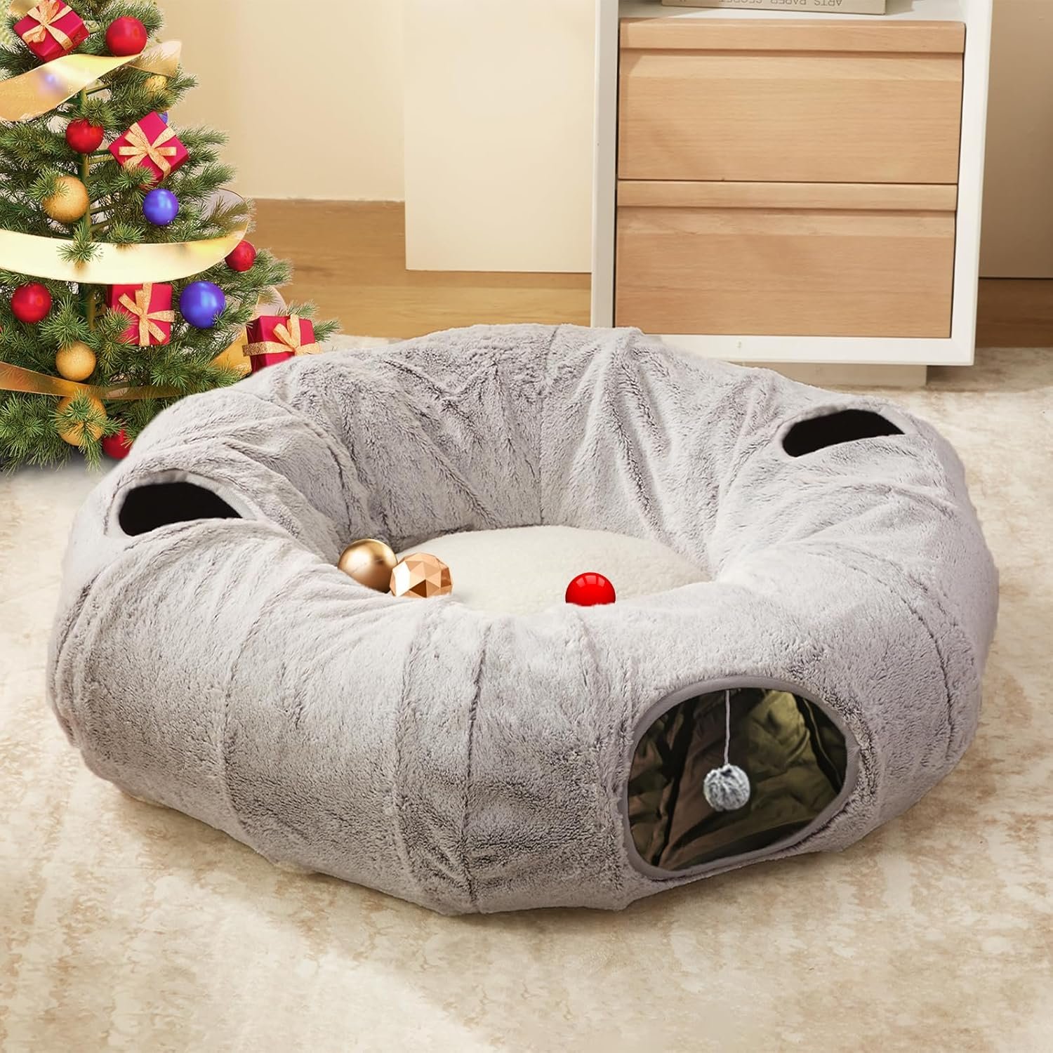 Cat Tunnel Bed for Indoor Cats – Cute Cat Donut Tunnel with Washable Circle Cushion, Round Pet Play Tunnel Toy for Kitten/Puppy/Rabbit,Grey
