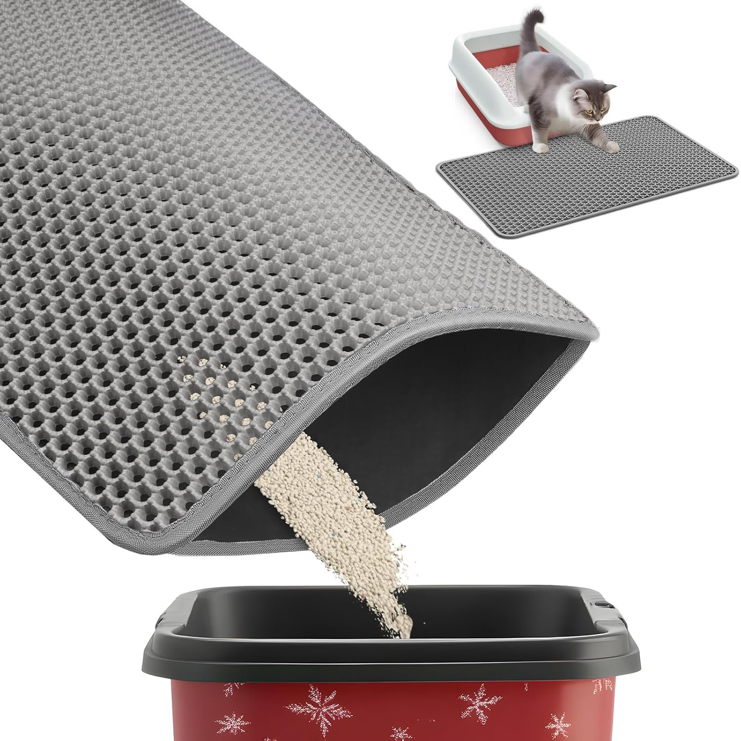 27″ x 19″ Cat Litter Mat – Ultra-Large Litter Box Mat with Double Layers, Urine-Proof and Non-Slip Litter Trapping Mat, Easy to Clean Kitty Litter Mats for Floor, Scatter Control, Grey