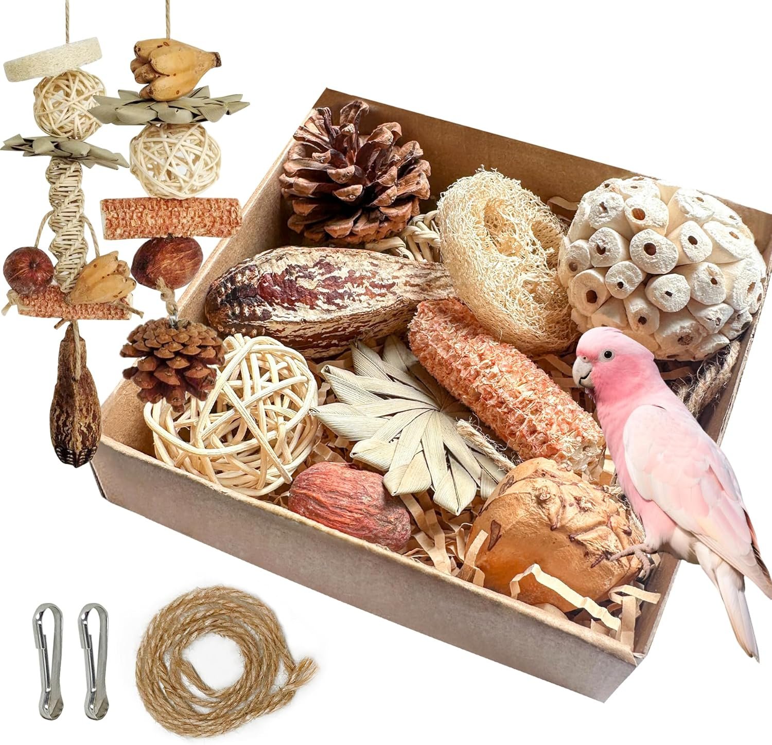 2 in 1 Parrot Toys, Parakeet Foraging Box DIY Hanging String with Comes with 2 Hooks Bird Toy for Parakeets,Cockatiels,Conures,Love Birds Cage Accessories for Small to Medium Birds