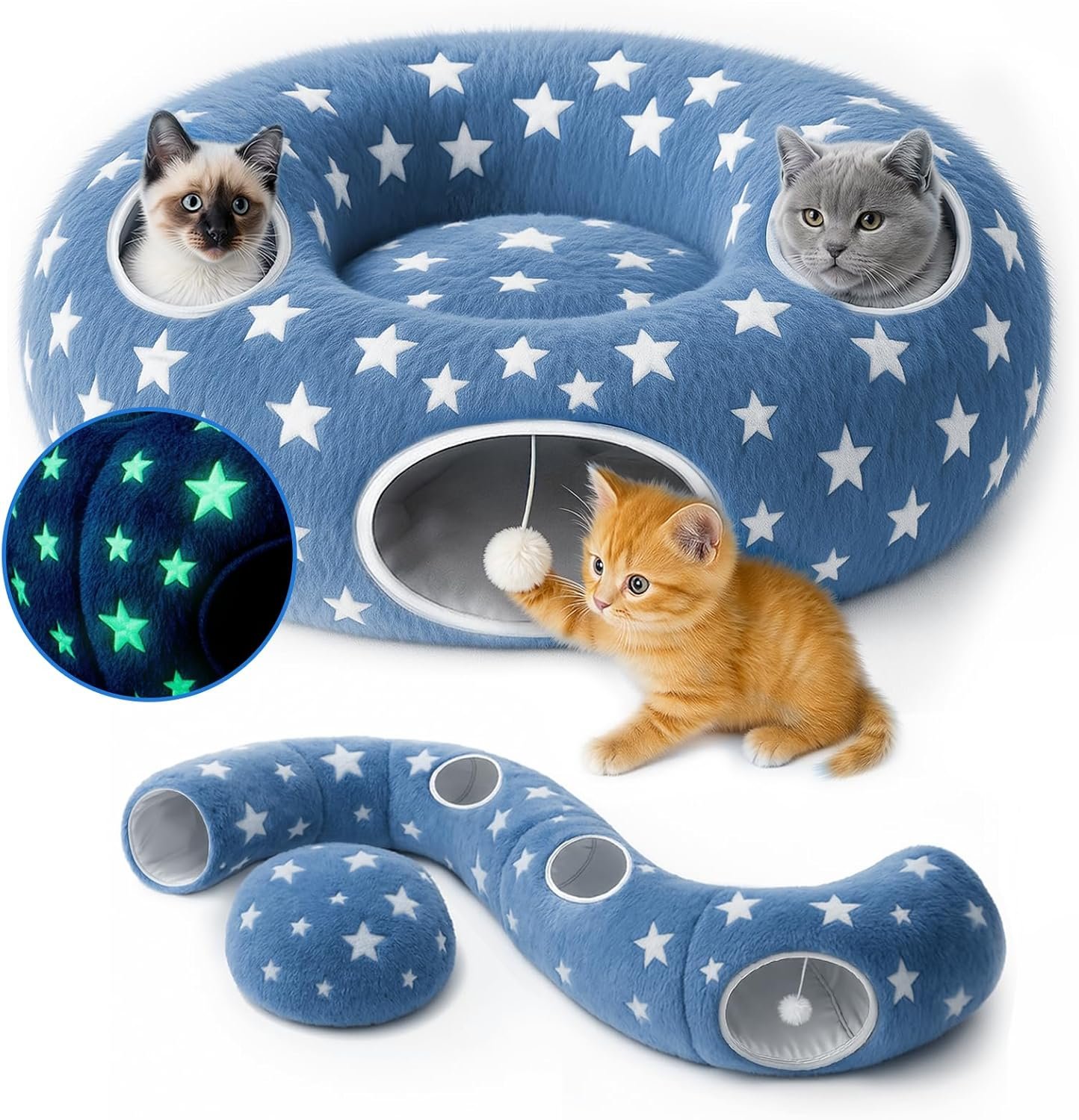 Cycodo Indoor Cat Tunnel Bed,Shape-Shifting Pet Cave with Circle Cushion,Luminescent Donut Tunnel Toy for Kitten/Puppy/Rabbit (Starry Blue)