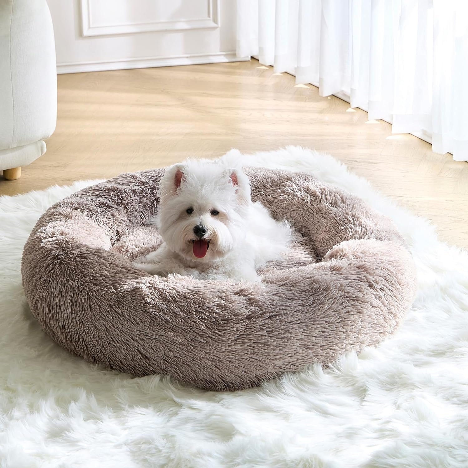 Calming Small Dog Bed, Donut Fluffy Anti-Anxiety Round Washable Cute Bed, Plush Cozy Cuddler Warming Soft Comfort Pet Bed for Small Medium Dogs Cats, 28inch,Brown