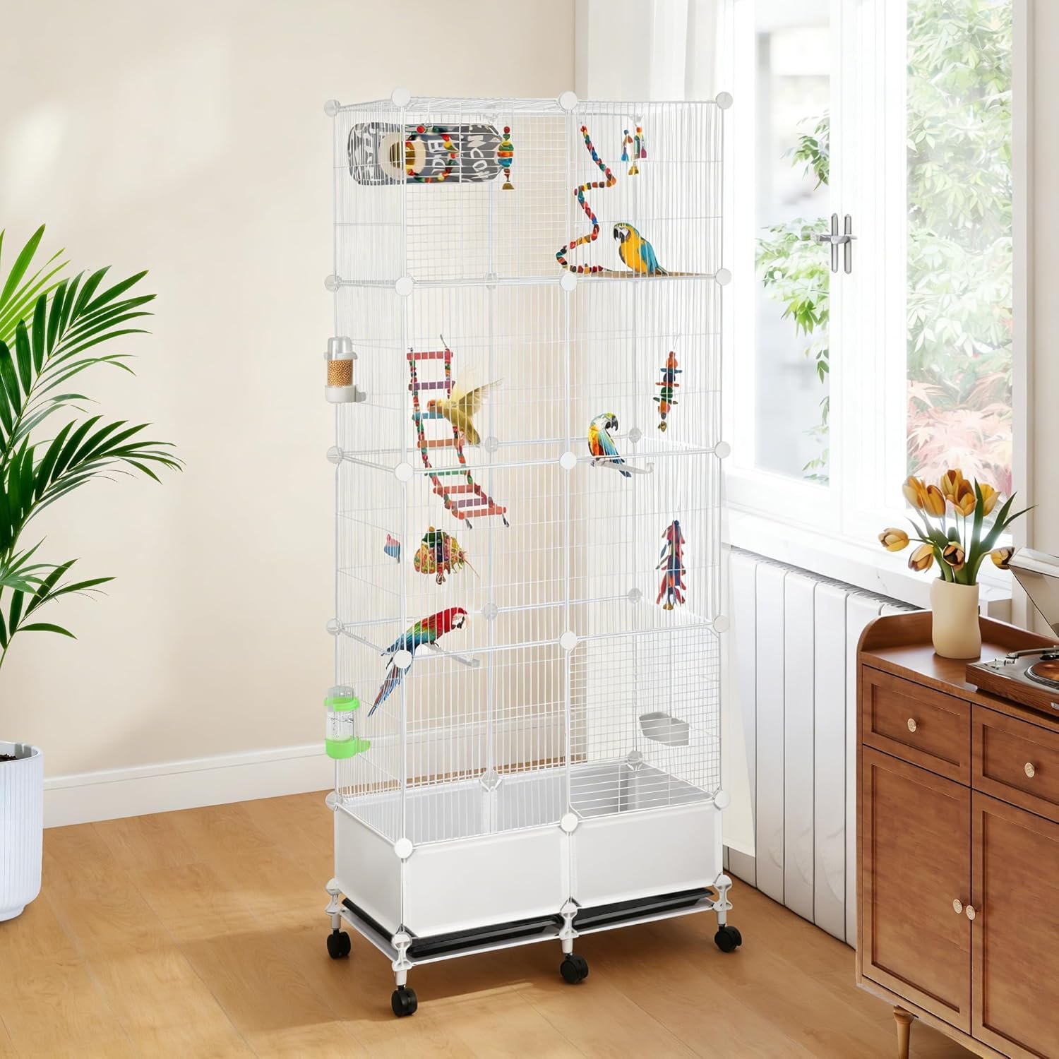 69″ H Large Bird Flight Cage with Bottom Splash Guard,White Extra-Narrow Bar Spacing Parakeet Cage with Stand,Includes Parrot Toys&Supplies,Tall Rolling Birdcage for Small to Medium Birds,28″ Lx15 W