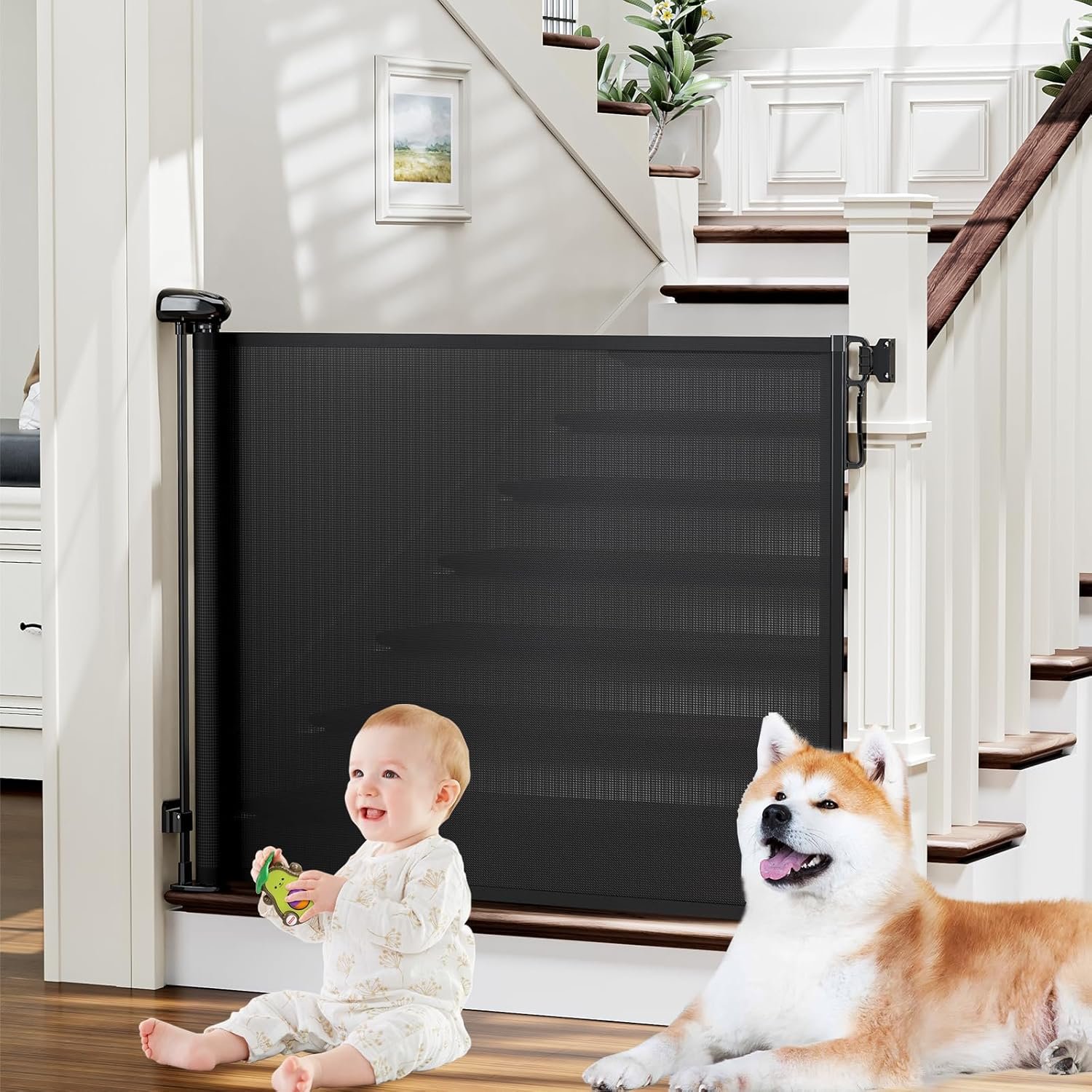 probebi Retractable Baby, Child & Dog Gates for Stairs, Extends to 54″ Wide 34″ Tall, Use for Outdoor, Indoor, Hallways, Doorways, Deck, Porch, Black