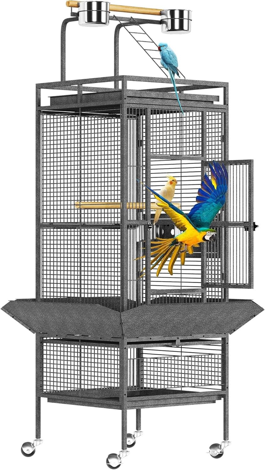 61″ Extra Large Bird Cage with Rolling Stand & Play Top – Wide Metal Parrot Cage for Macaws, Cockatoos, Conures, Parakeets, Lovebirds, Includes Bowls