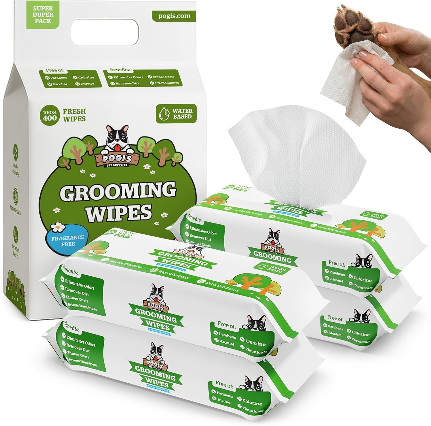 Pogi’s Dog Grooming Wipes – Hypoallergenic Pet Wipes for Paws, Body & Butt – Cleaning & Hydrating, Fragrance Free, 400 Count