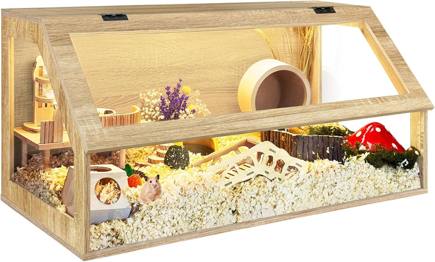 PROLEE Hamster Cage Chewproof, 40″ x 20″ x 20″ Sloped Mice and Rat Habitat with Clear View, Solid Built with Lockable Design and Openable Top (White Oak)
