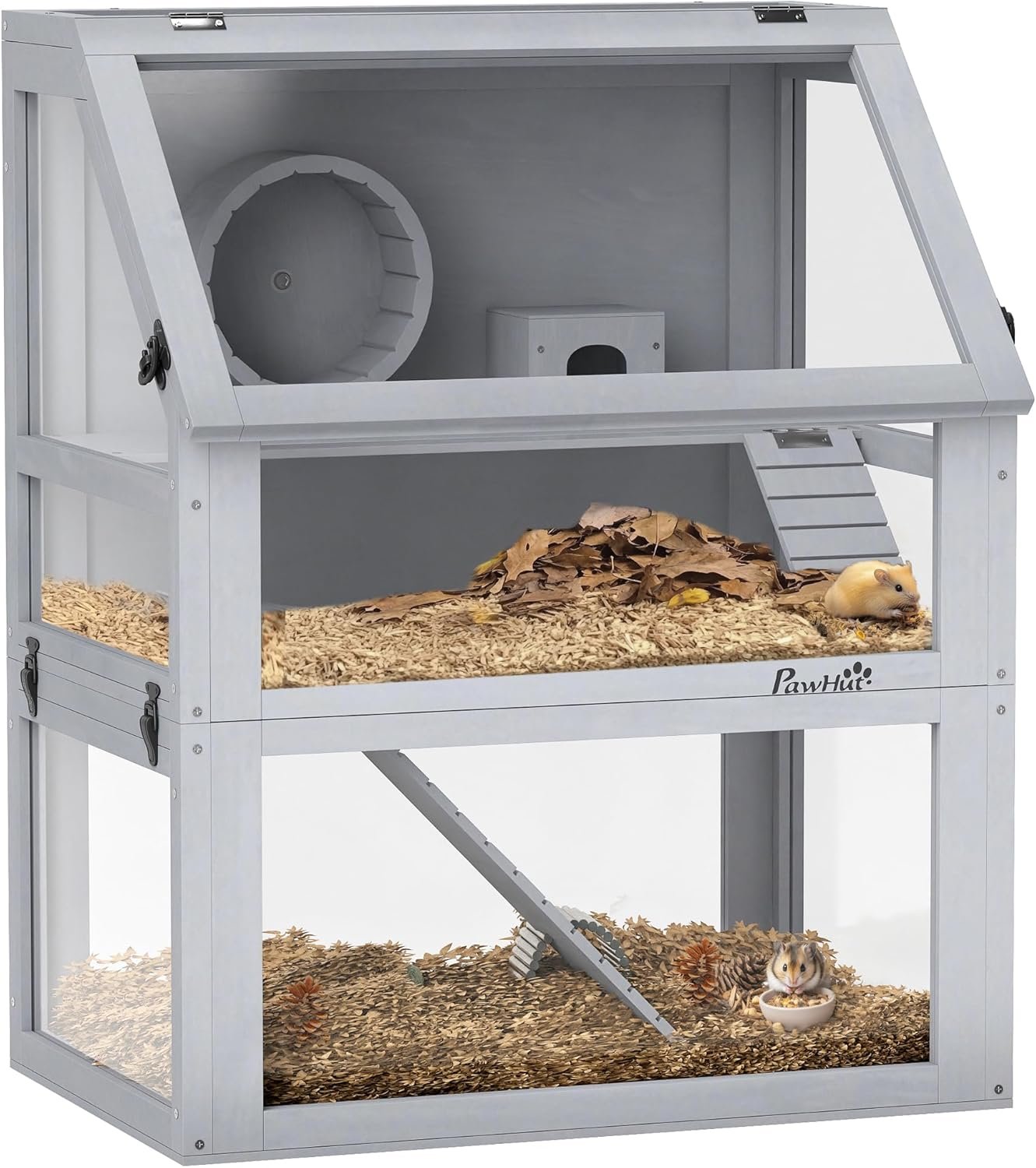 PawHut Wooden Hamster Cage, 3 Tier Small Animal Cage with Detachable 12.6″ Deep Bottom, Hut, Seesaw, Exercise Wheel, Ramps, Hamster Habitat for Dwarf, Gerbil, 24″ x 16″ x 29.5″