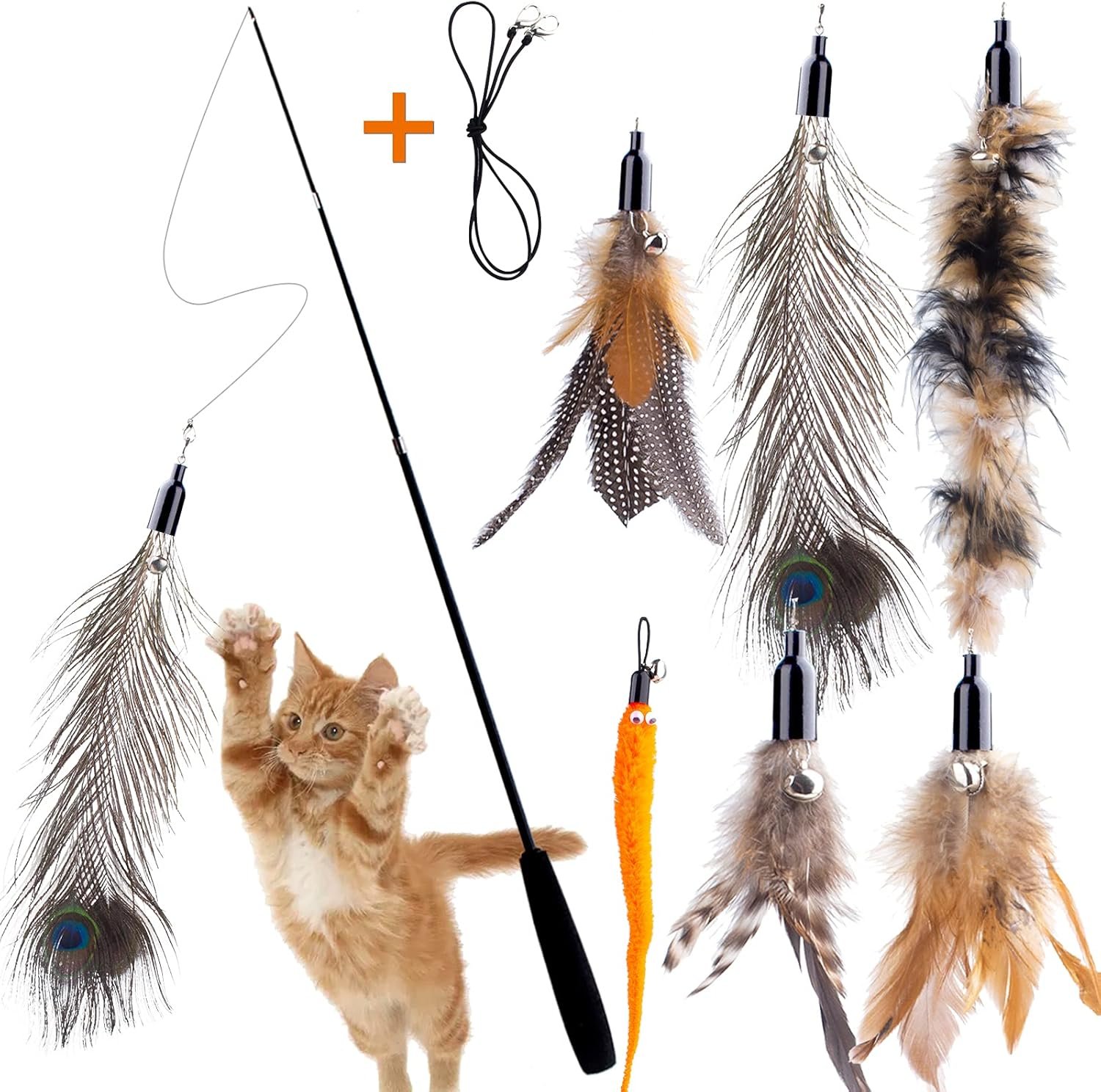 Retractable Cat Wand Toys – Interactive Feather Wand with Bell for Indoor/Outdoor Cats, 8 Pack