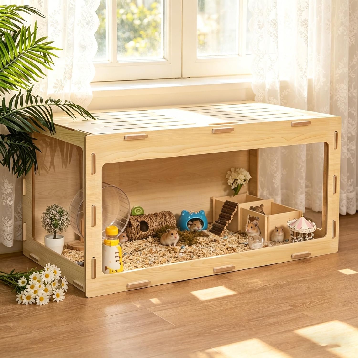 COZIWOW Hamster Cage, Chewproof 32″ Large Wooden Hamster Enclosure with 270° Panoramic View, Acrylic Small Animal Habitat Cage for Syrian, Guinea Pig, Chinchilla, Gerbil