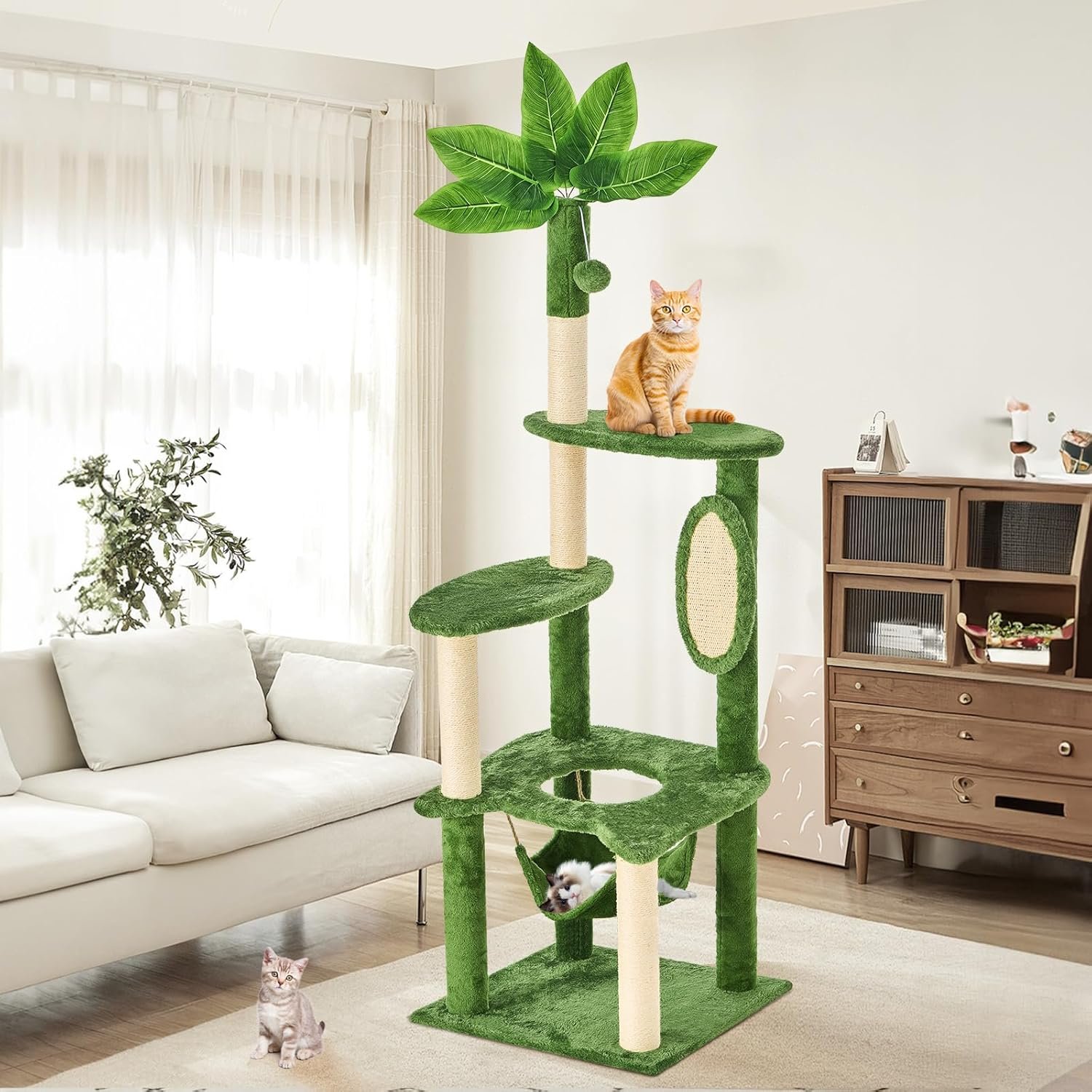 61″ Large Cat Tree Tower for Indoor Cats with DIY Green Leaves Scratching Post Multi Soft Hang Ball Plush Cat House Furniture 360° Rotating Cat Scratch Board with Hammock, Green