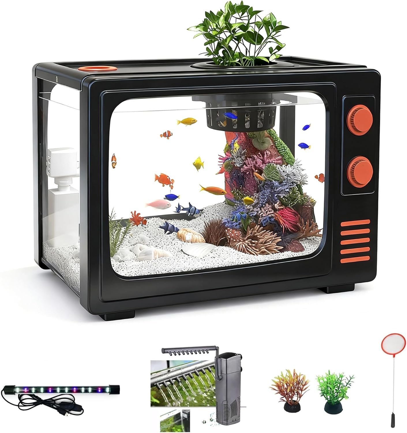 2.5 Gallon Fish Tank Kit with LED Lights, Filter & Plant Planter – Retro TV Decorative Fish Tank for Office Desk Home Decor,Mini Aquarium Starter Kit for Betta Fish (Black – 2.5 Gallon)