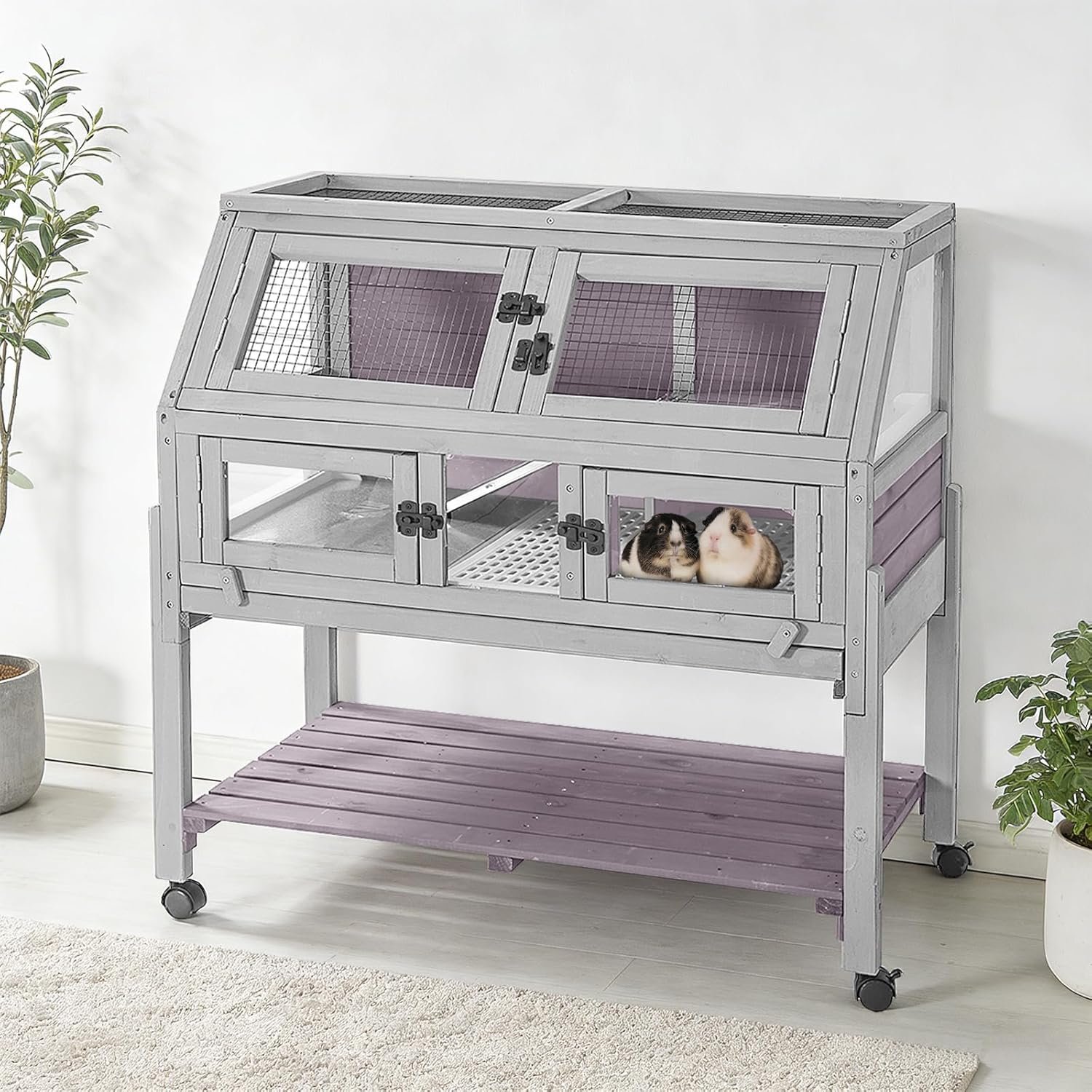 Large Guinea Pig Cages Indoor with Wheels, Wooden Rabbit Hutch with Plastic Floor and Zinc Cool Plate, Anti-Chewing Ramp, Small Animal Habitat with Leakproof Tray for Hamster, Chinchillas, Rats