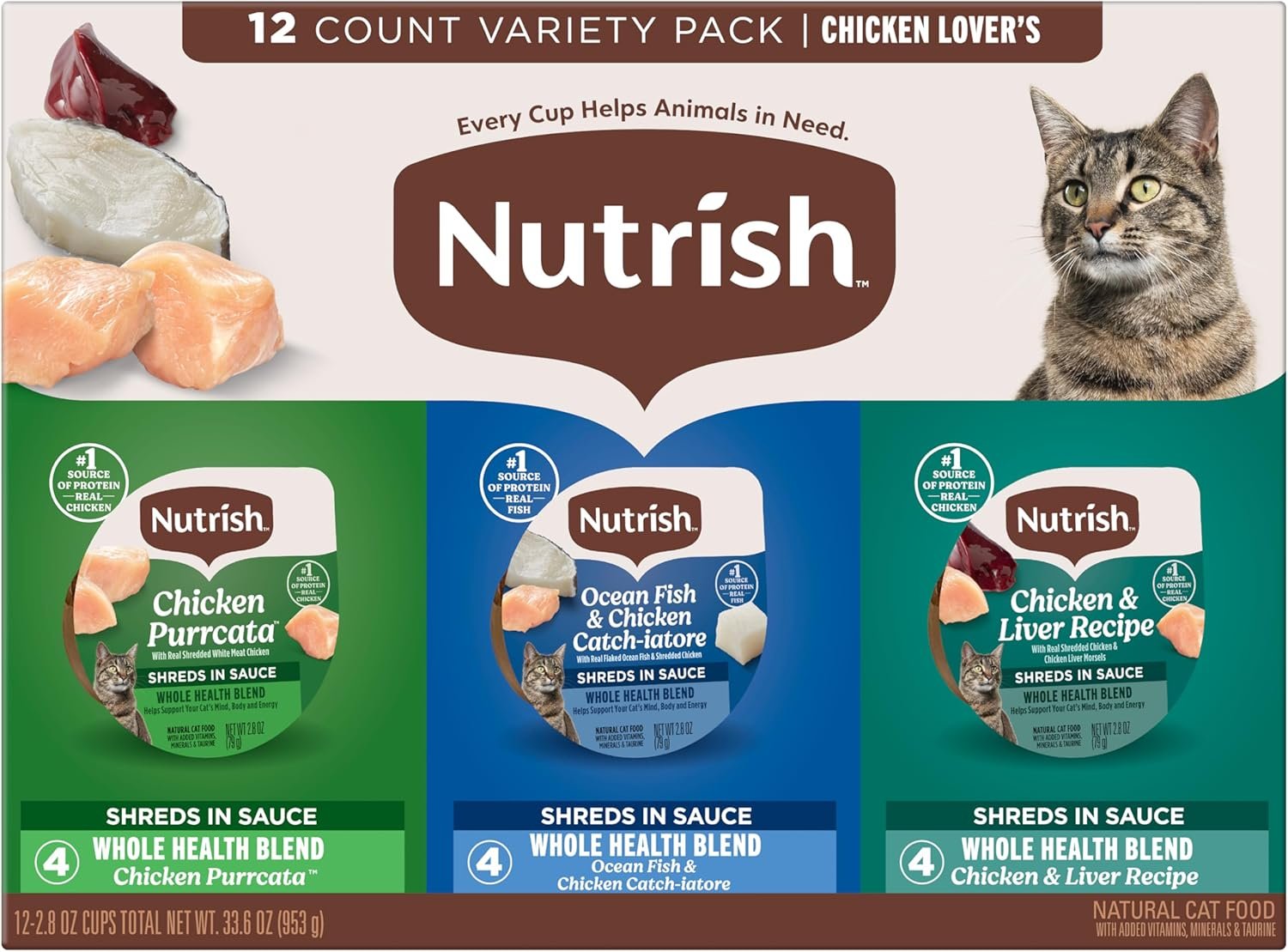 Nutrish Grain Free Chicken Lover’s Whole Health Blend Variety Pack Wet Cat Food, 2.8 oz. Cup, 12 Count (Rachael Ray)