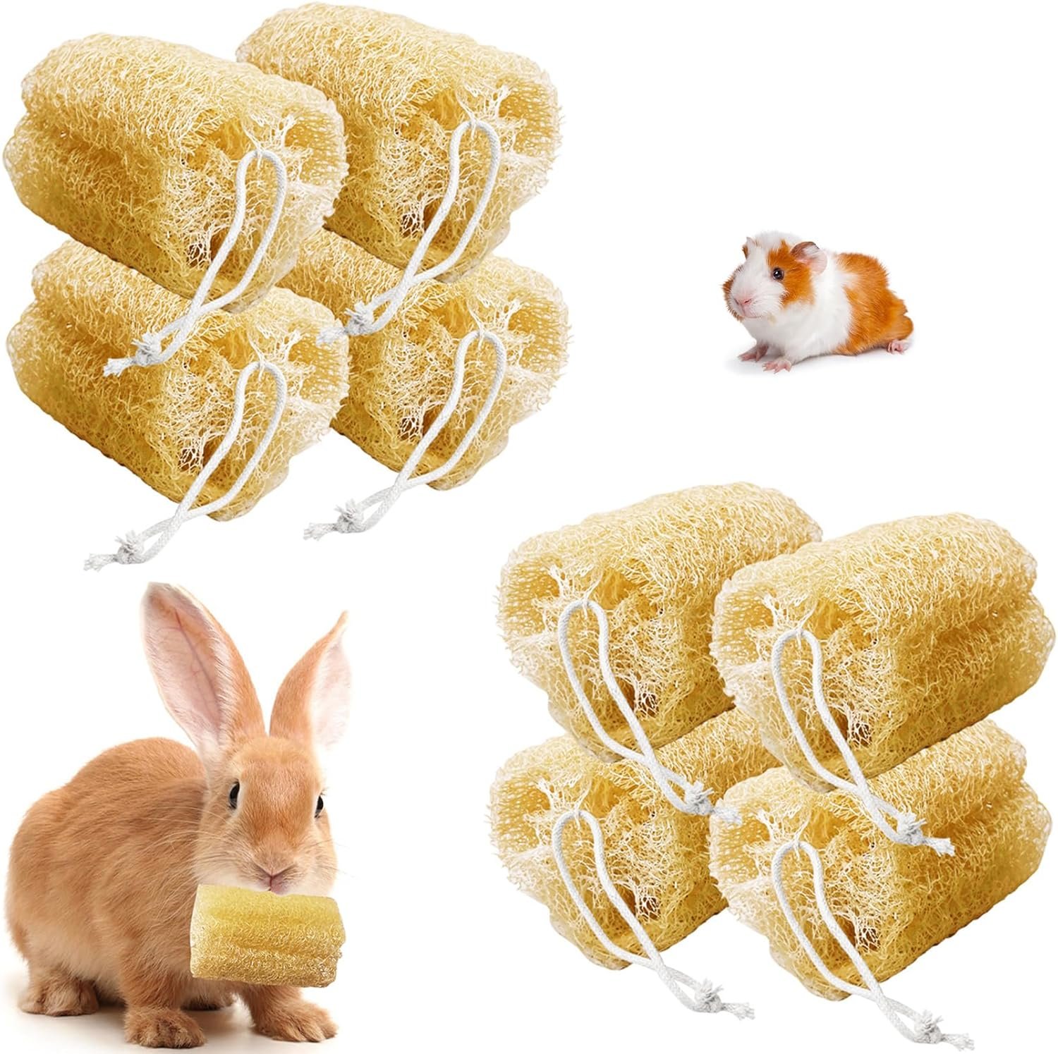 8 Pcs Rabbit Chew Toys Natural Bunny Loofah Chew Toy Chinchilla Teeth Grinding Toys Guinea Pig Fibre-Rich Treats Enrichment Bunny Accessories for Rabbits Hamster (L)
