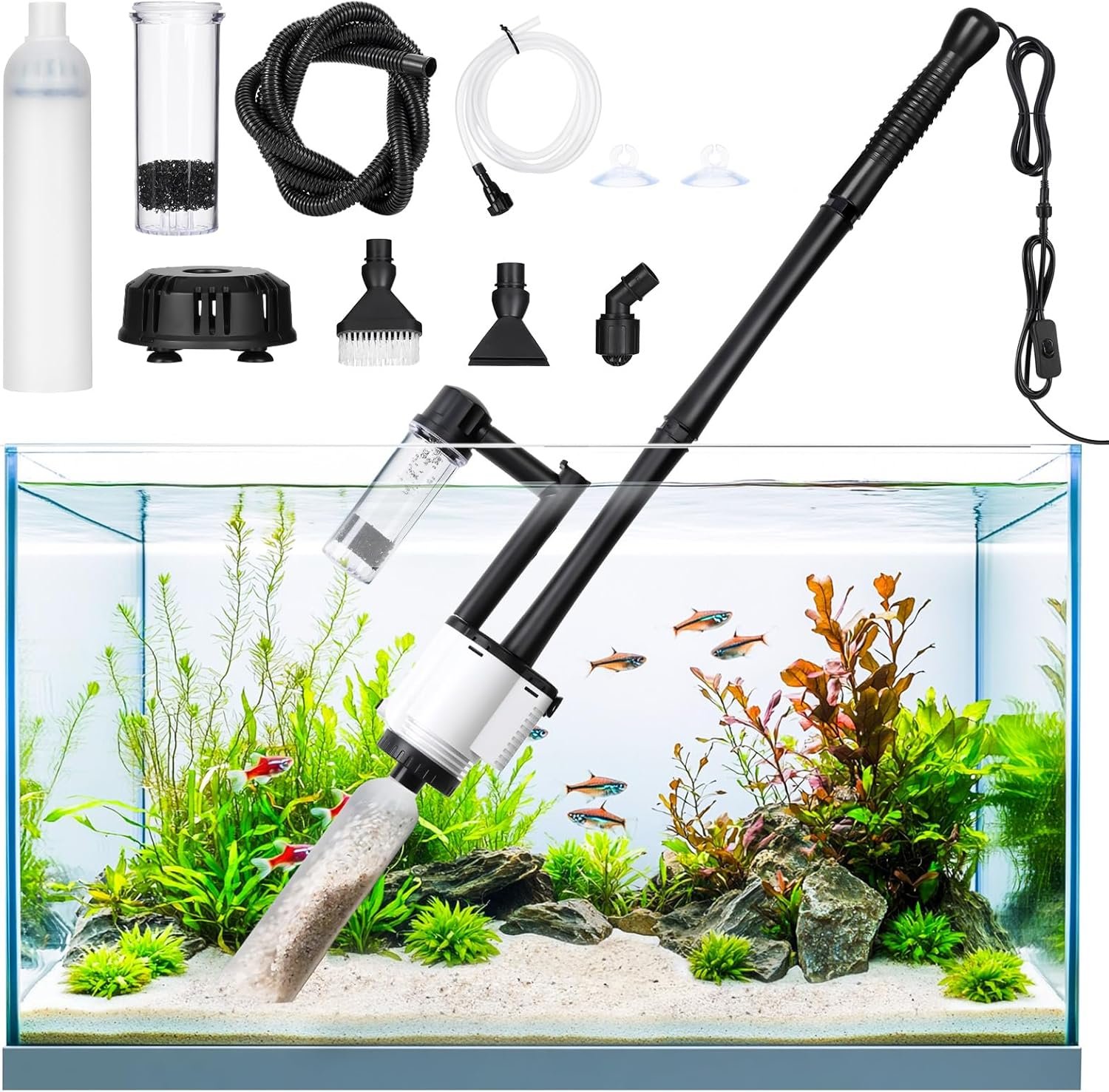 AQQA Electric Fish Tank Cleaner – 30W Aquarium Water Changer with Gravel Vacuum, Corner Nozzle Brush, Oxygen Boost etc Complete Accessories, 480 GPH Pump for Freshwater Saltwater Tanks