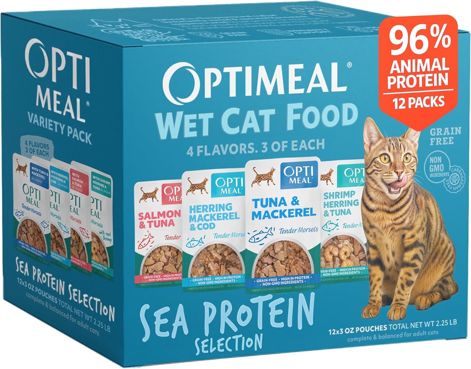 Optimeal Wet Cat Food Variety Pack – Sea Protein Selection, Grain Free Tender Morsels, High Protein Premium Nutrition Made with Natural European Ingredients, Adult Cat Pouches 3oz (Pack of 12)