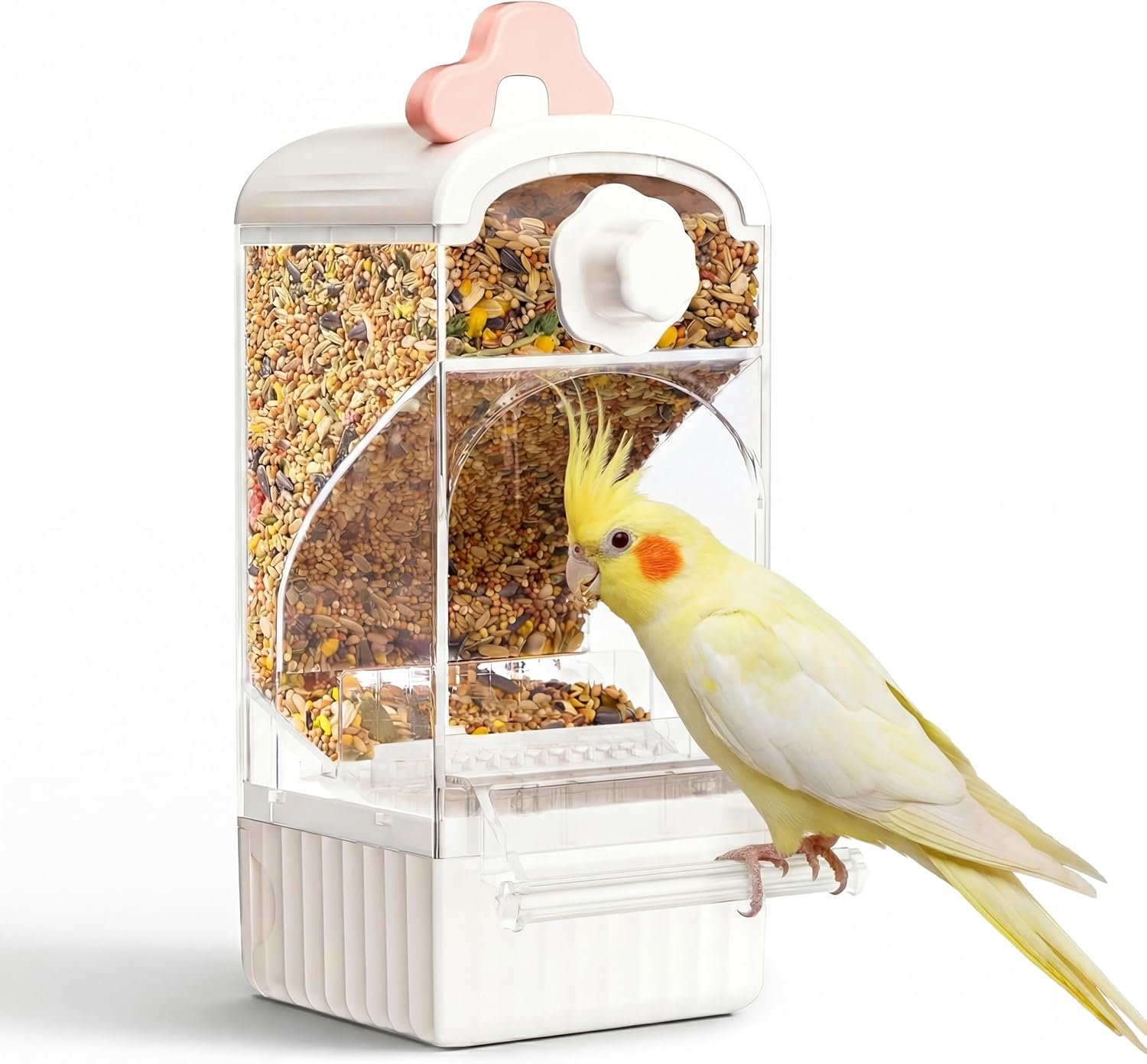 Bucatstate Automatic Bird Feeder for Cage, No Mess Self Cleaning, Large Capacity with Waste Drawer, No Installation Required, Parakeet Feeder for Parrots Budgies Cockatiels Canaries (Pink White)