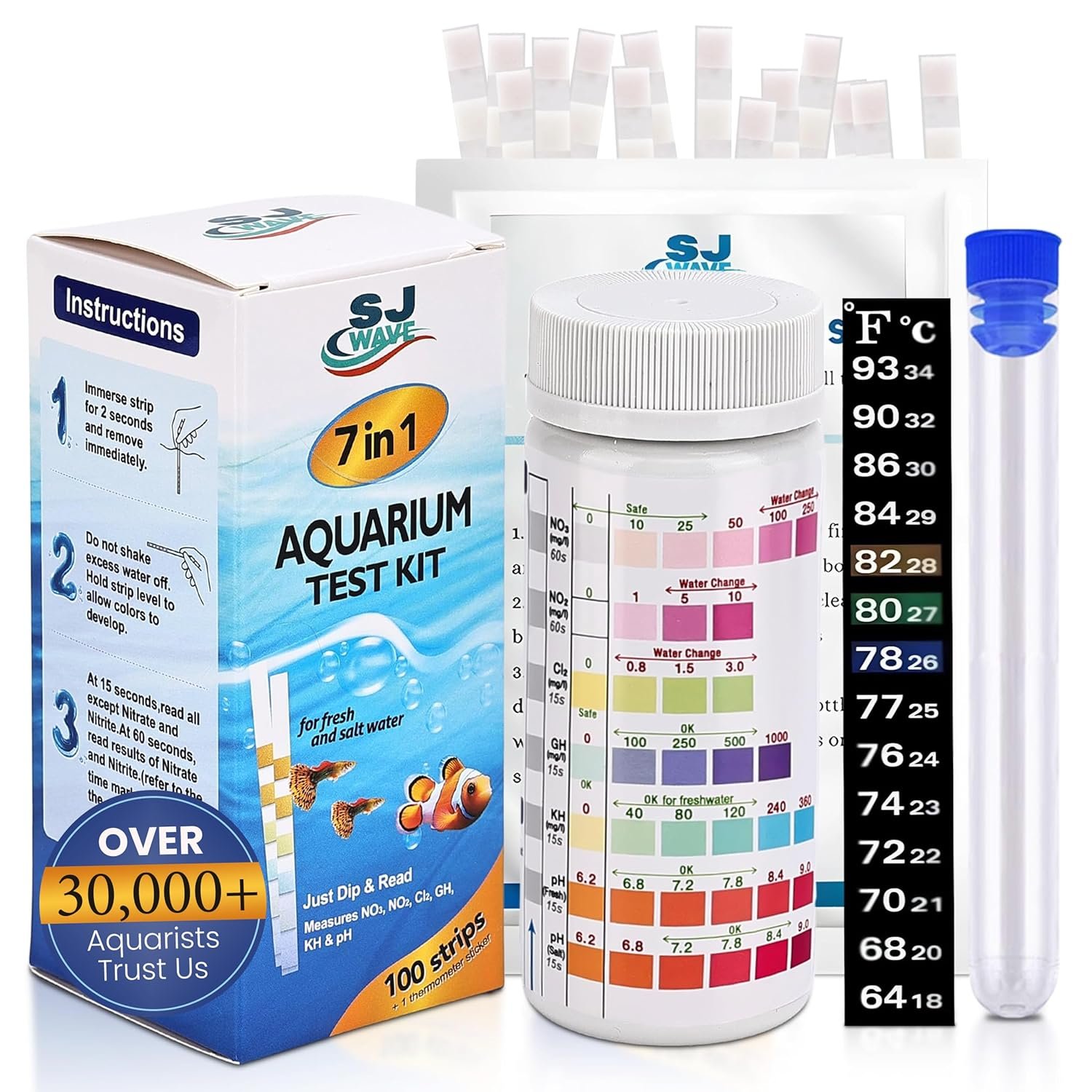 7 in 1 – Aquarium Test Strips | 100 Fast & Accurate Strips | Fish Tank Aquariums Water Test Kit & ebook | Aquarium Thermometer | Fish Tank Water Testing Kit for Fresh & Saltwater | Versatile Usage