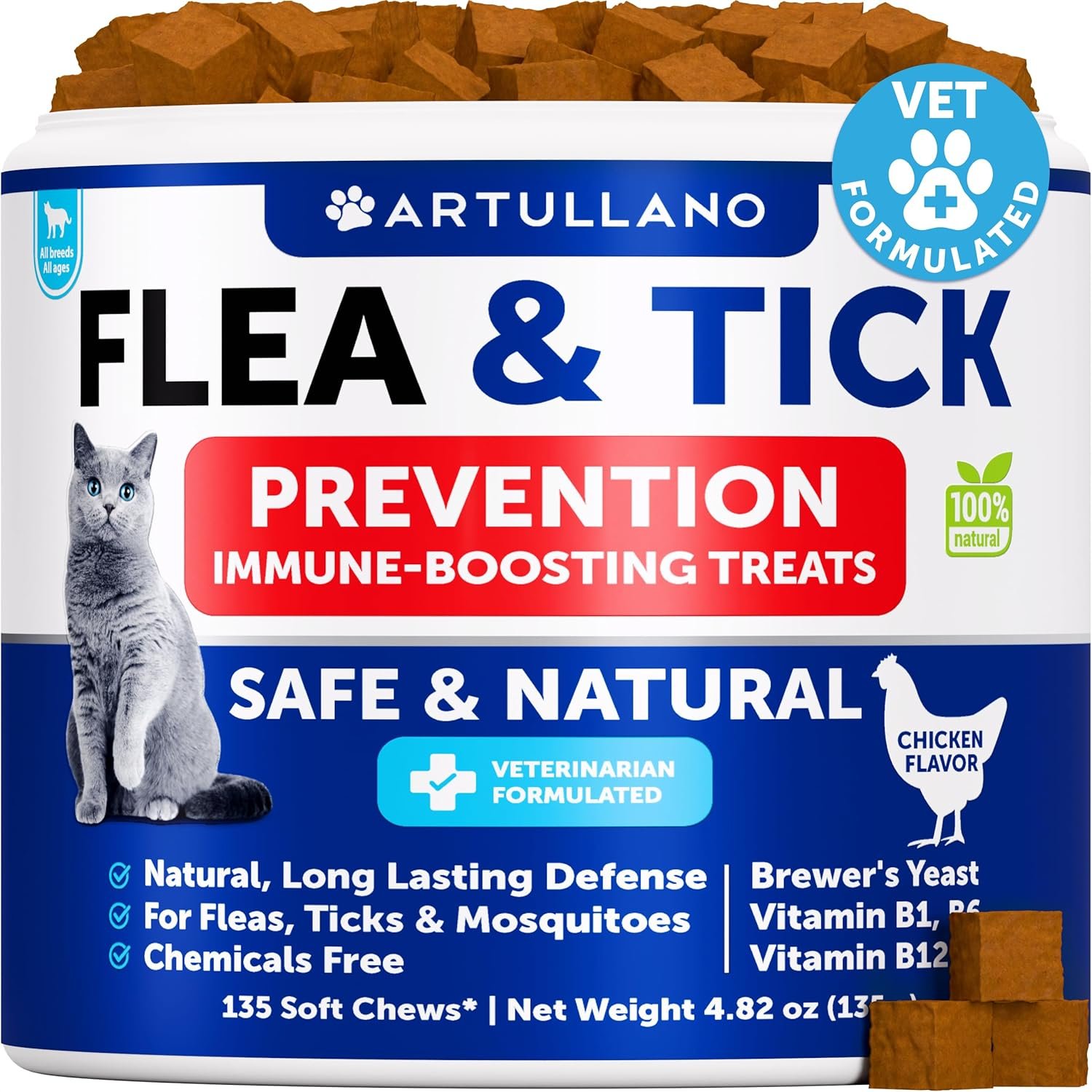 Flea Treatment for Cats – Natural Flea and Tick Prevention Supplement for Cats, Kittens – Chewable Daily Oral Pills with Vitamins – 135 Soft Chews – Dental Treats, Digestive Health, Immune Support