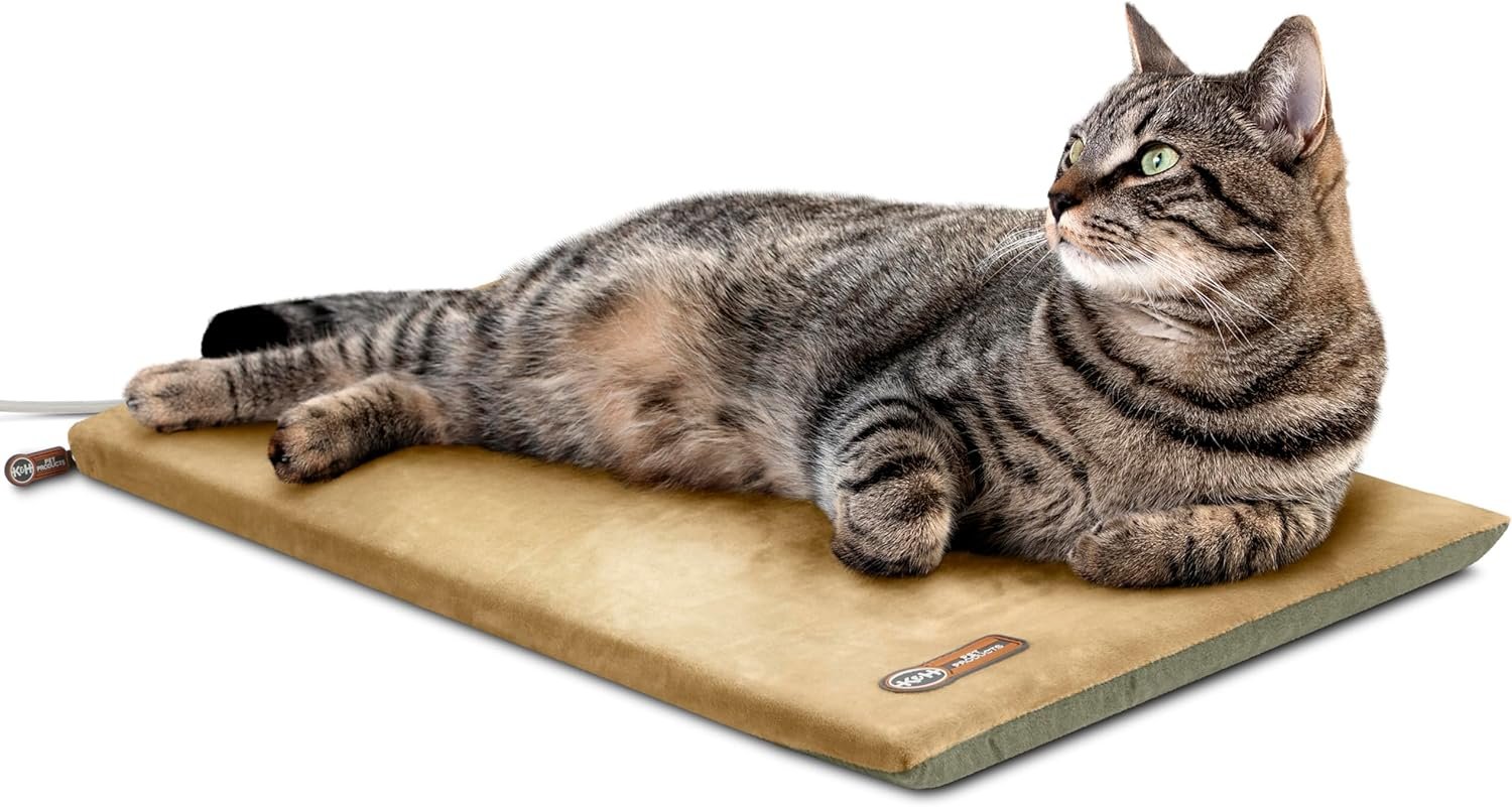 K&H Pet Products Heated Cat Bed Pad for Indoor Cats, Thermo-Kitty Mat Calming Warm Pet Heating Pad for Inside Pets, Machine Washable, Waterproof Heater, Safety Listed – 12.5 X 25in Sage/Tan