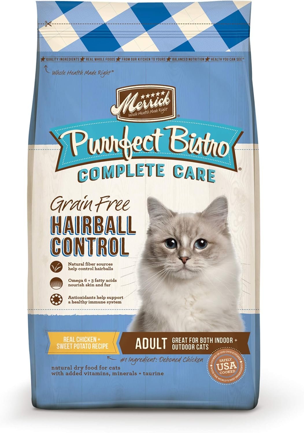 Merrick Purrfect Bistro Grain Free Cat Food, Complete Care Hairball Control Dry Cat Food Recipe – 12 lb. Bag