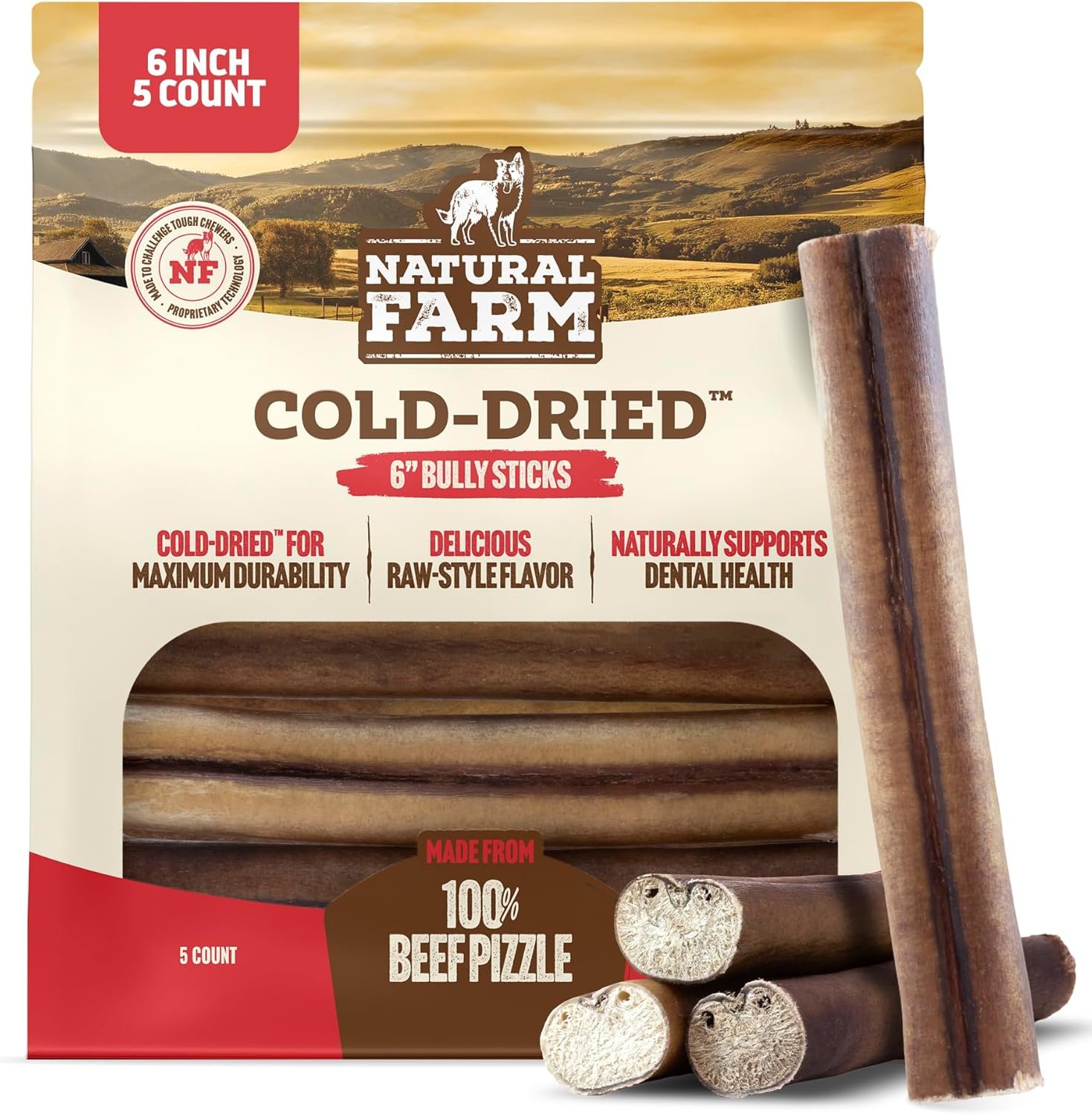 Natural Farm Cold-Dried™ Bully Sticks 6 Inch (5 Count) – Odor Free Longer Lasting High Protein Dog Chews – 100% Beef Pizzle, Single Ingredient.