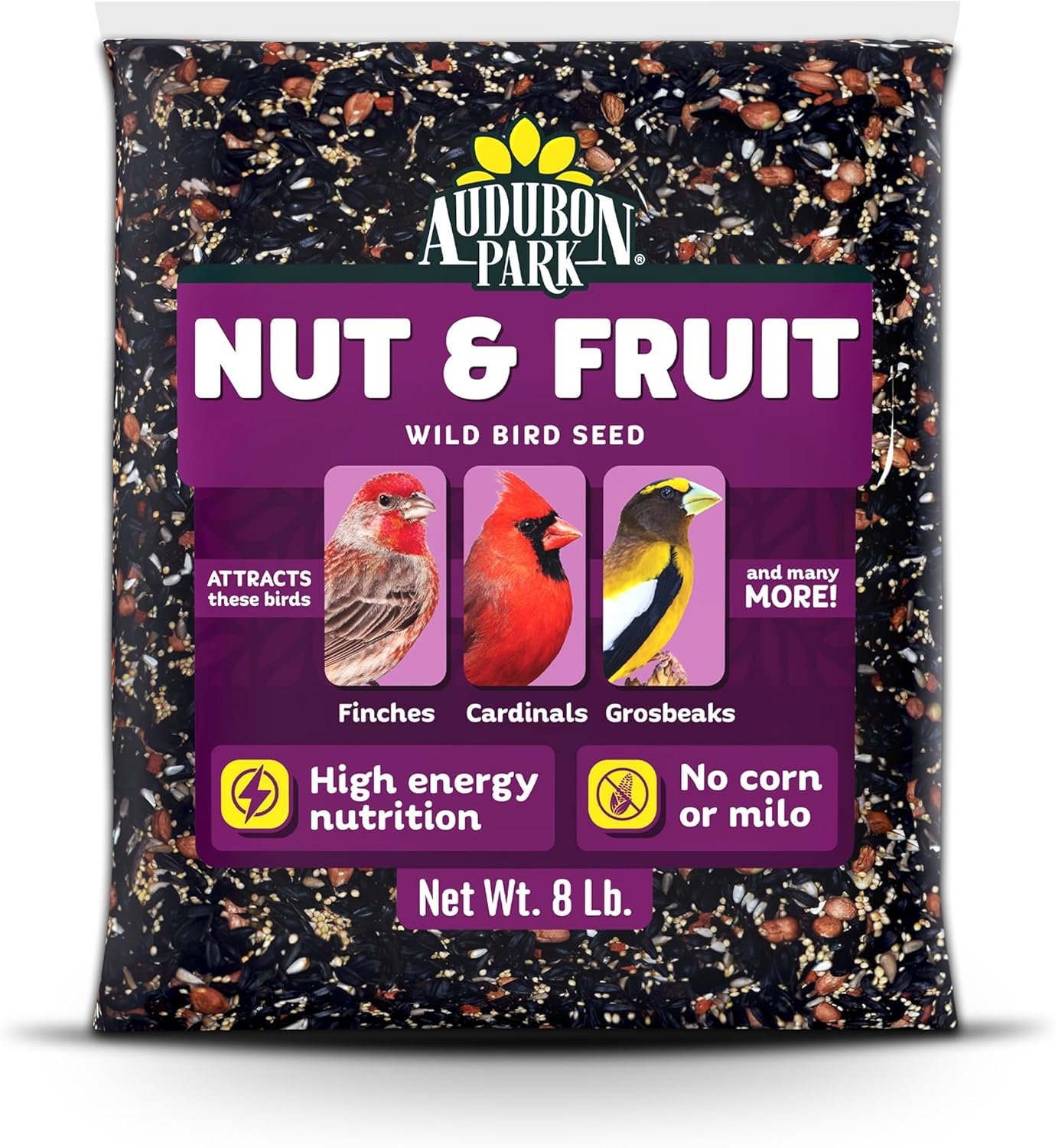 Audubon Park Nut & Fruit Wild Bird Seed – 8 lb. Premium Blend with Sunflower Seeds, Peanuts, Safflower & Dried Fruit – Bird Food for Outside Feeders