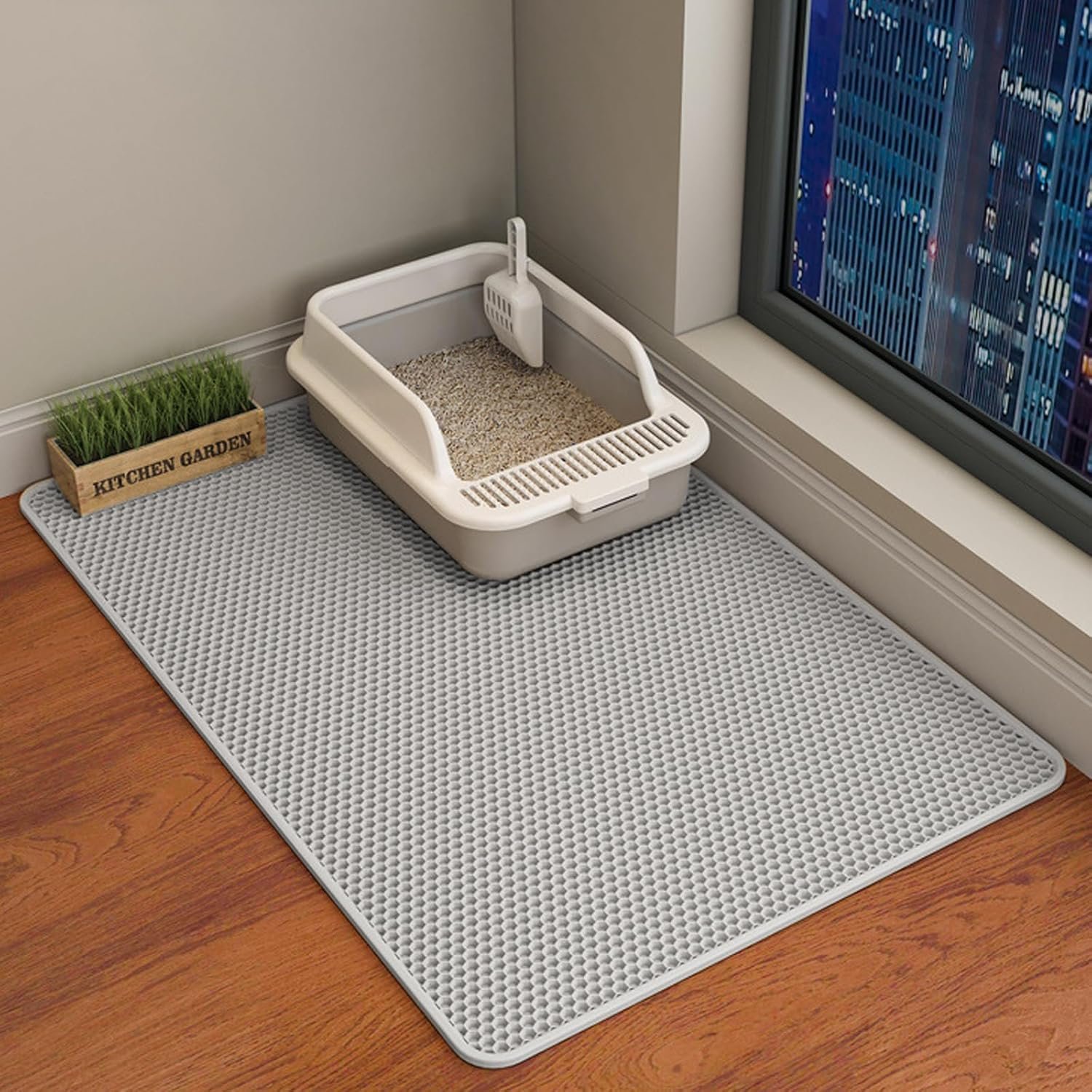 HCY&WLD Cat Litter Mat, 45×26/35×24/30×22/24×18 Inch Double Layer Cat Litter Box Mat, EVA Non-Slip, Waterproof Urine Proof Cat Litter Catcher Mat, Easy Clean Scatter Control (35×24 Inch, Gray)