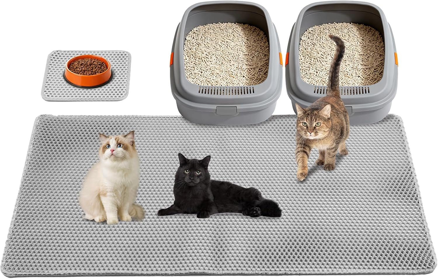 Cat Litter Mat 47″x26.5″ Extra Large & 12″x12″ Small, Double Layer Waterproof Trapping Mat for Home Travel, Non-Slip & Urine-Proof, Soft on Paws, Hold 2-3 Litter Boxes, XXL, 2-Pack(Grey)