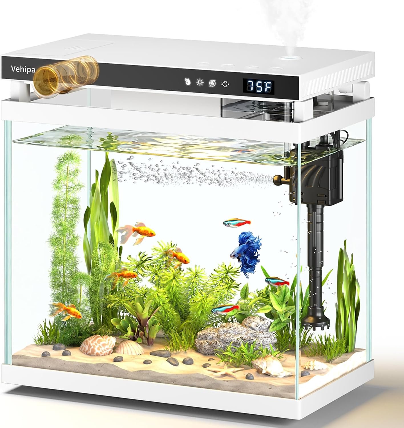 Vehipa Fish Tank Aquarium, 2.2 Gallon Smart Fish Aquarium Kits with Auto Feeder, Silent Water Pump, Temperature Display, Smart Humidifier & 7-Color Lighting, for Office & Home – White