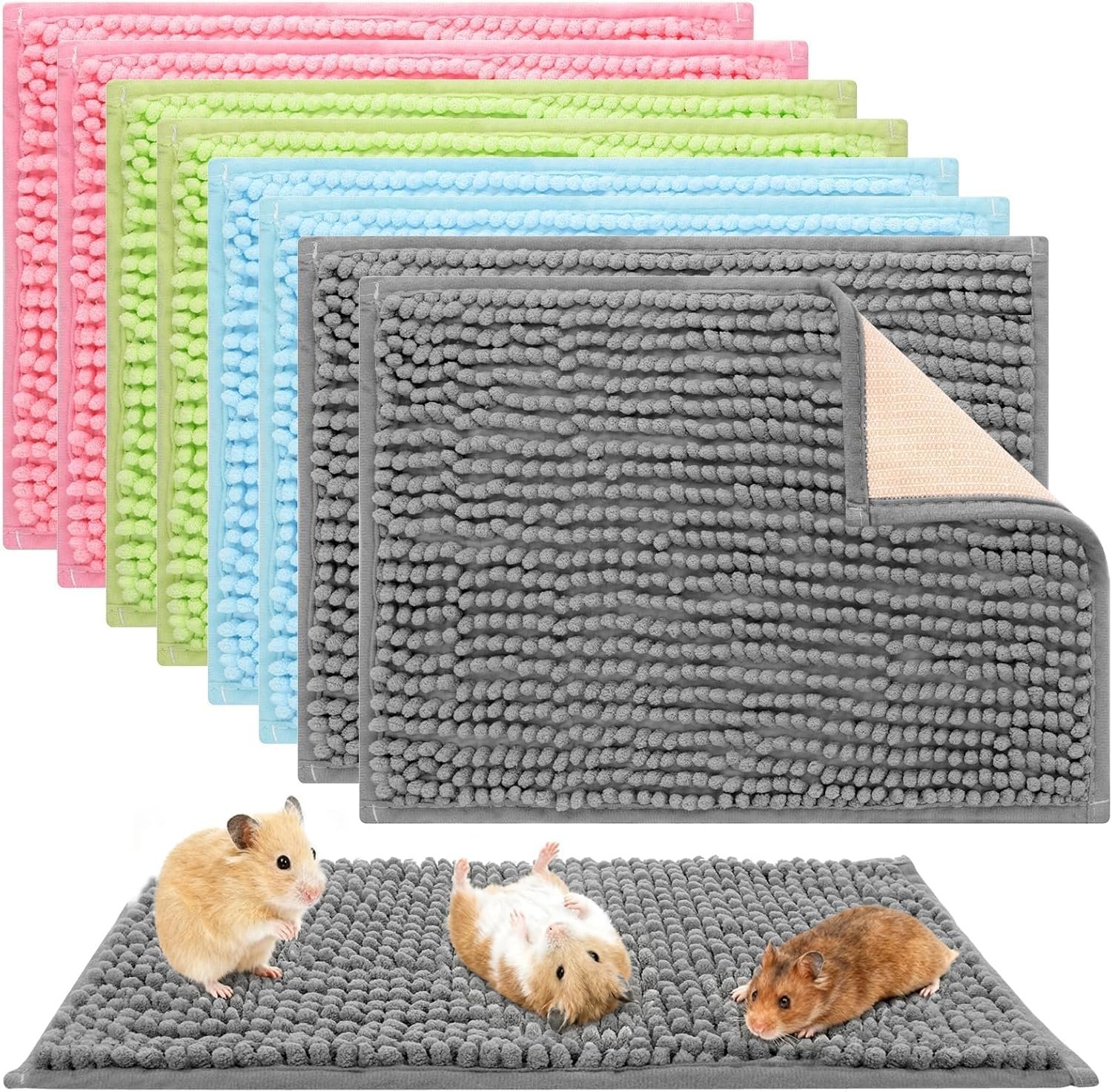 8 PCS Guinea Pig Cage Liner 16×12 Inch Washable Fleece Blanket Rabbit Bedding Mats,Rabbit Reusable Bedding for Small Animal Pee Pads(Gray Green Pink Blue)