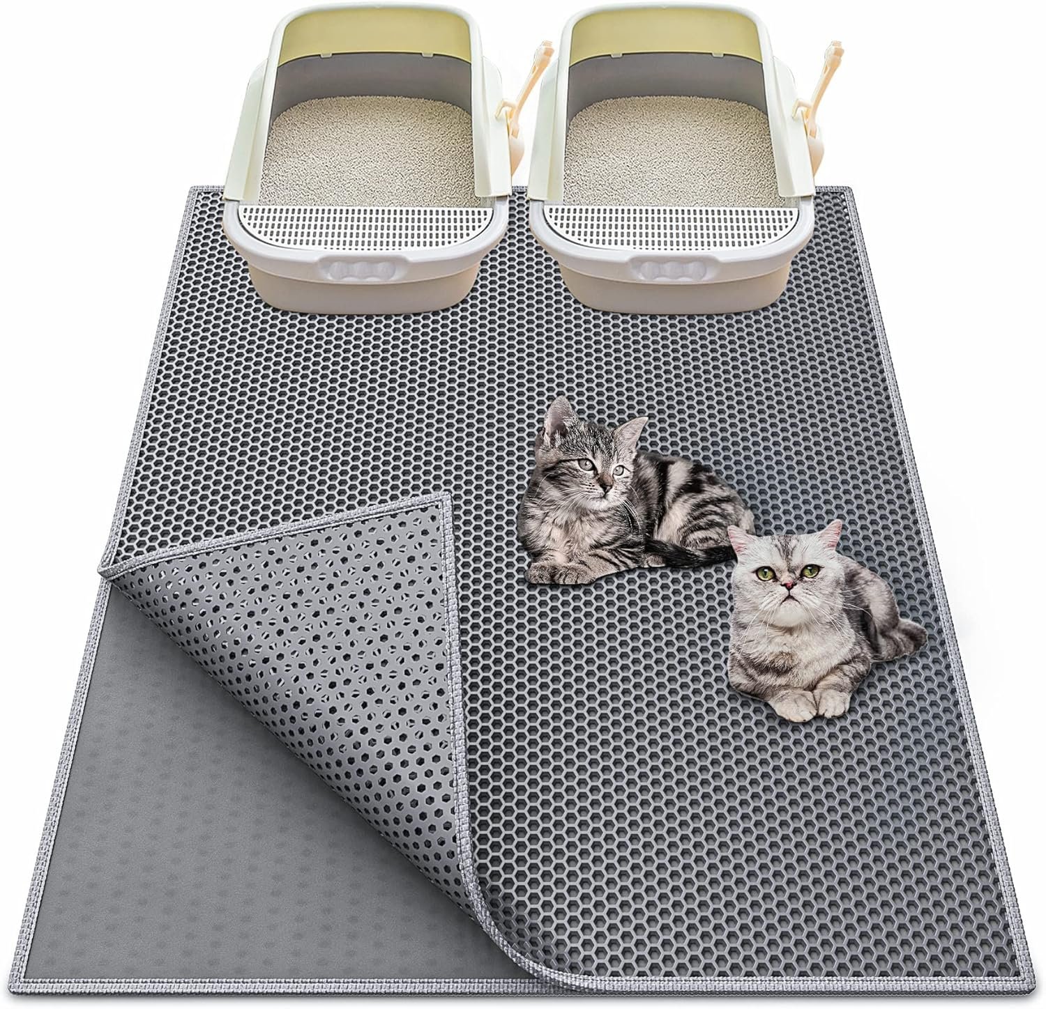 Waretary Cat Litter Box Mat: 36″x 30″ Waterproof Kitty Cat Litter Trapping Mat, Easy-clean Double-layer Scatter Control Pad Rug (Grey)