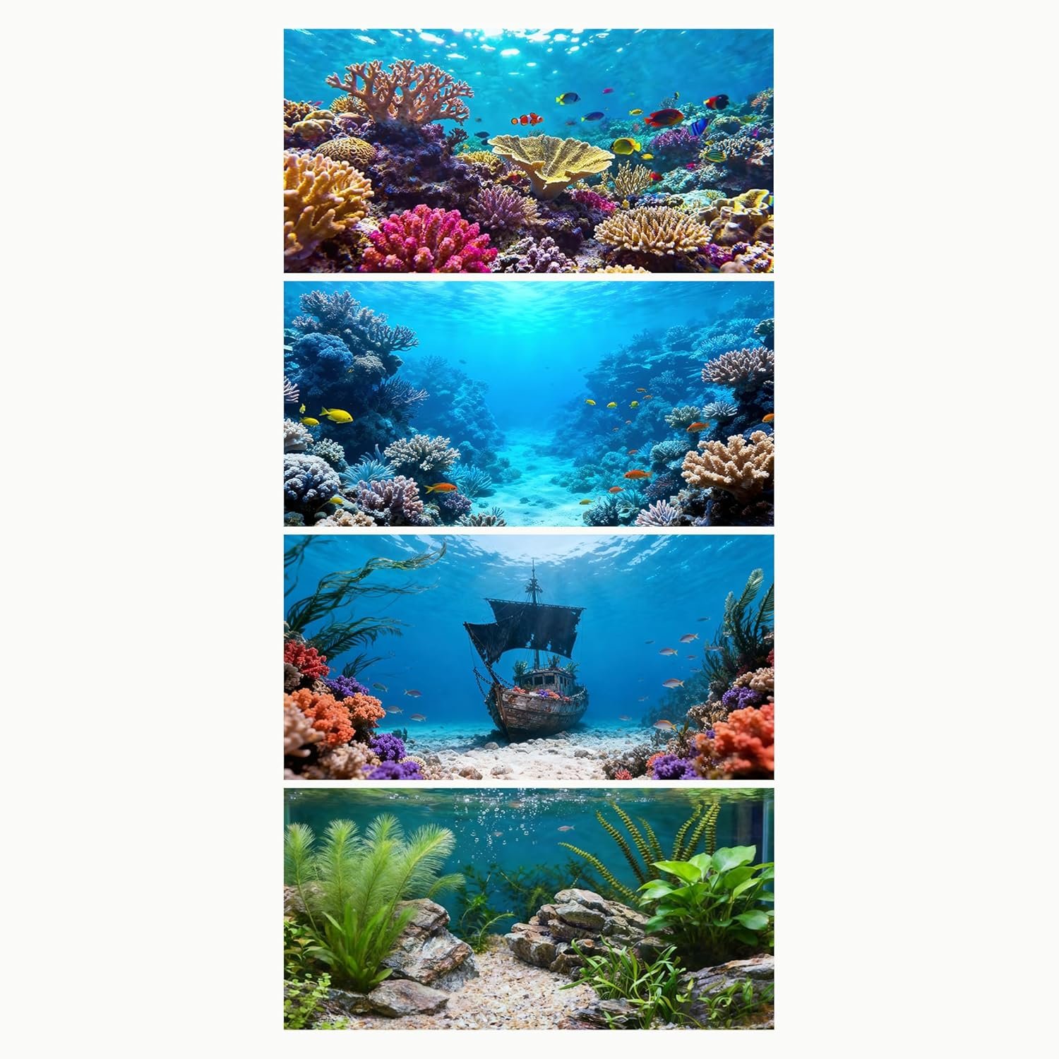 4 Pack Aquarium Background, 36×18 Inch Polyester Cloth Decor for Fish Tank, Set of Undersea Coral Rock & Plant Décor Backgrounds, Aquatic Themed Decorations