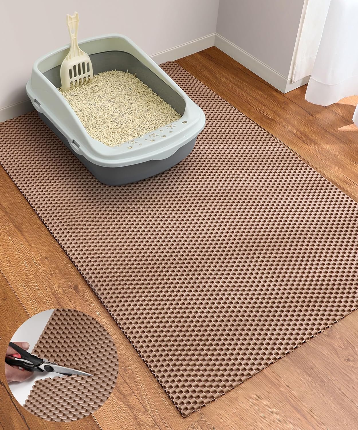 Cooyes Cat Litter Mat – Cut to Fit Any Place, 35″x23″ Large Litter Trapping Mat for Litter Box, Easy to Clean, Waterproof & Non-Slip Kitty Pad, Scatter Control to Protect the Floor (Khaki)