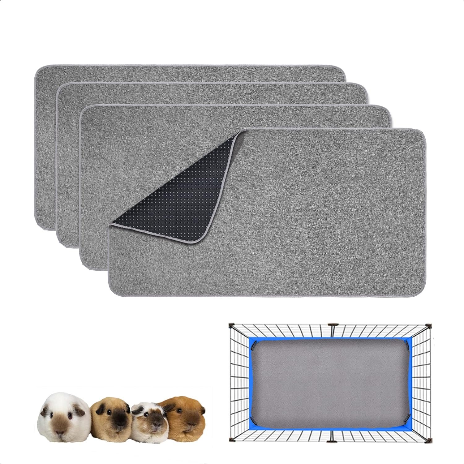 Guinea Pig Cage Liner, 4 Pack – Washable, Reusable, Leakproof Fleece Bedding Pads for Small Animals with Anti-Slip Bottom – for 15”X29” Area, Gray