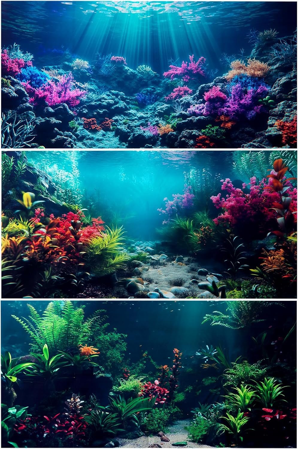COMSUN 3 Pack Aquarium Background, 30×18 inches Polyester Aquarium Background, Cloth Fish Tank Background, Undersea Corals Sunshines & Rock Aquatic Plants