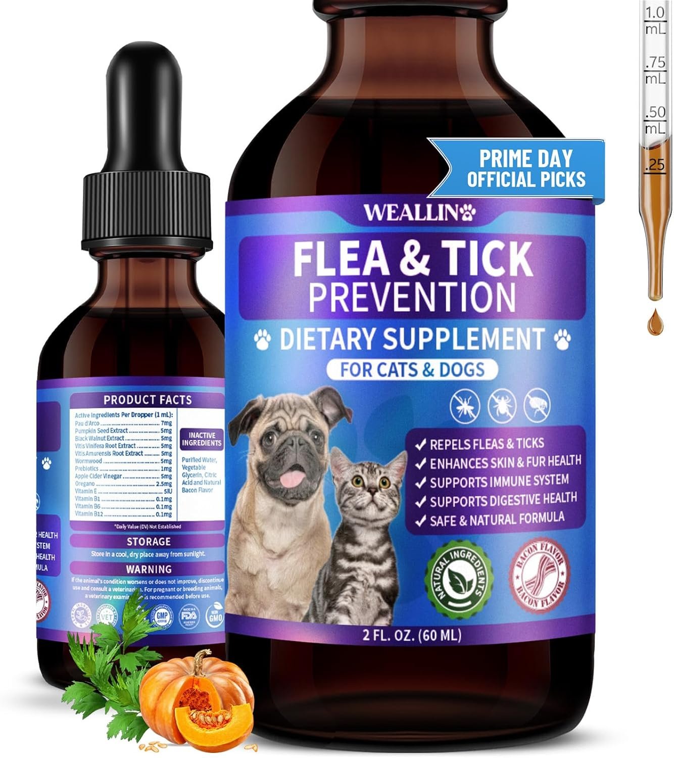 WEALLIN Flea and Tick Prevention Support for Cats and Dogs Natural Flea Treatment Drops with Multivitamin for Pets Oral Natural Supplement Flea and Tick Treatment Drops for All Breeds and Ages