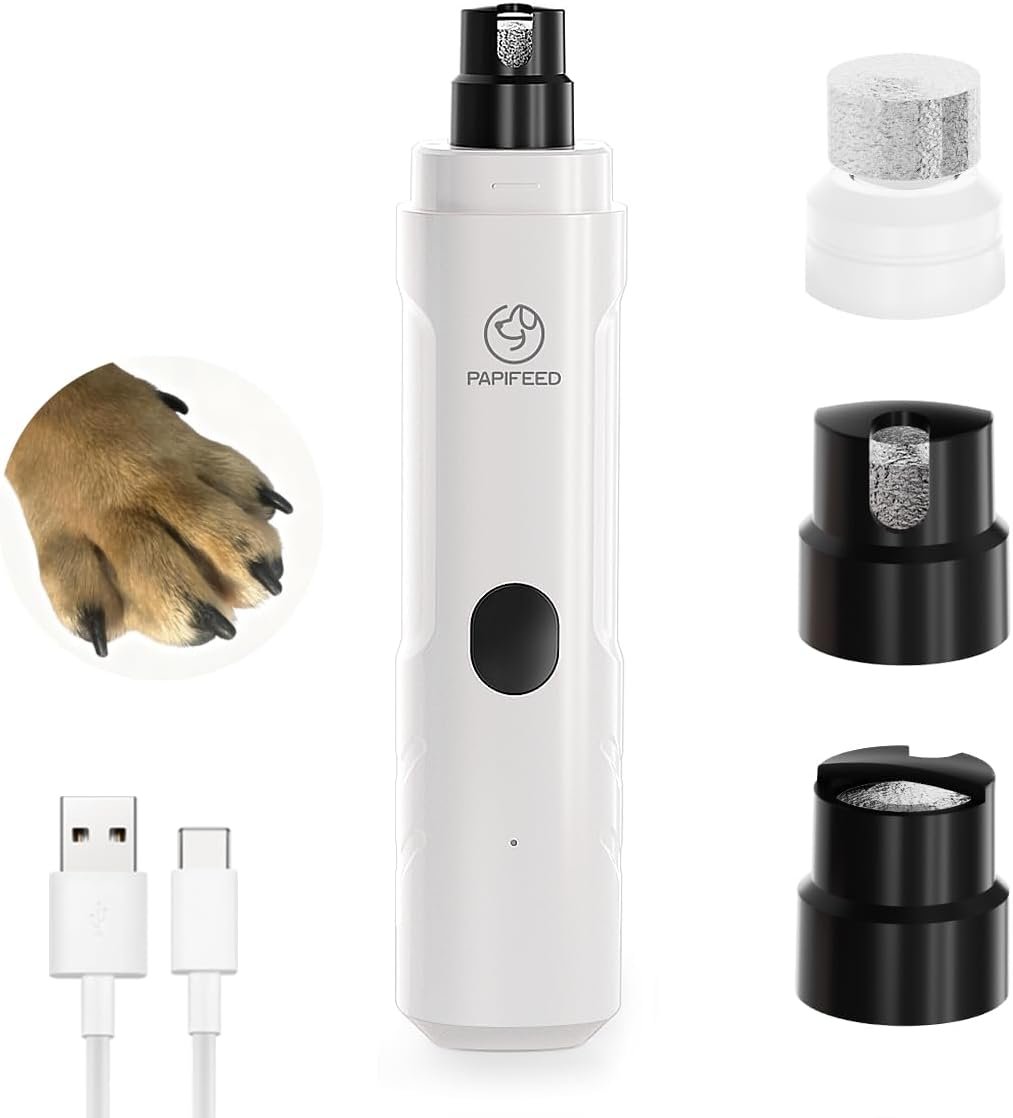 PAPIFEED Dog Nail Grinder with LED Light, Ultra Quiet 3-Speed Electric Nail File for Small Medium Large Dogs & Cats, Rechargeable Pet Nail Grinder with Trimmer (White)