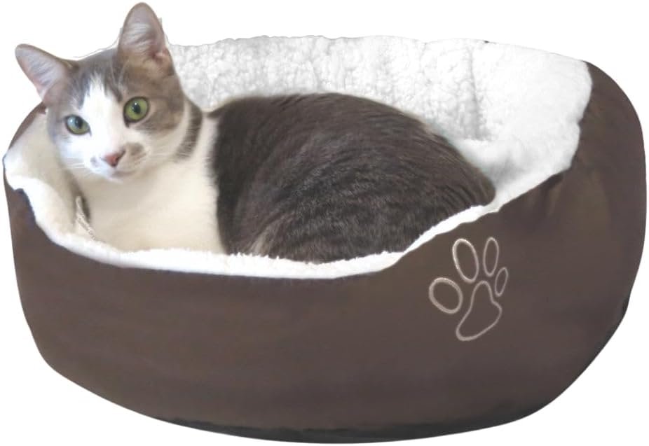 Evelots Calming Donut Cat Bed – Warm Pet Bed for Cats and Small Dogs – Anti-Anxiety Cozy Cuddler – Removable Soft Plush Cushion – Machine Washable – Non-Slip Bottom – Brown