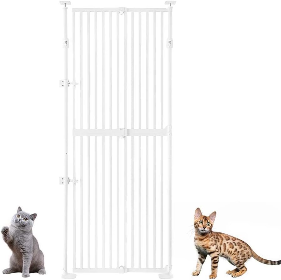 unipaws 75″ High Extra Tall Cat Gate, Auto Closing and No Drilling Safety Gate for Doorway Hallway Stairs, Cat Dog Proof, Fit for 21″-34″ Wide Opening, Indoor Use, White