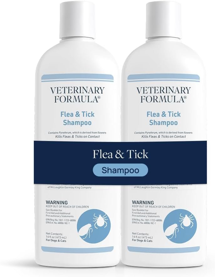 Veterinary Formula Flea and Tick Shampoo for Dogs and Cats, Flea and Tick Control Formula Helps Soothe Itchy Skin While Cleansing, Paraben, Dye, and Soap Free, 2 Pack, 16 fl oz Each