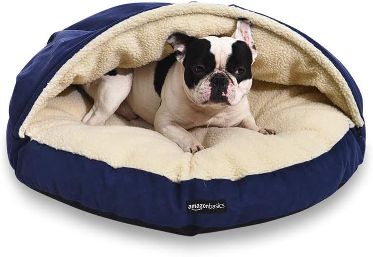 Amazon Basics Anti-Anxiety Calming Burrow Pet Cave Bed for Small and Medium Dogs, With Removable Nesting Cave Cover, Fits up to 35lbs Pets, 30 x 30 x 12.5 inches, Blue