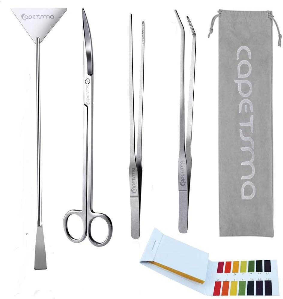 Capetsma Aquascape Long Stainless Steel Plant Tools Set – Aquarium Tweezers, Scissors, Spatula, Algae Scrapers – Fish Tank Cleaning Kit