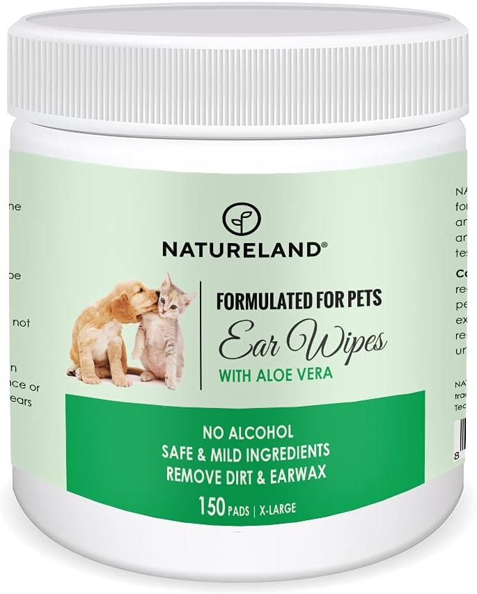 [150 pcs Extra-Large] Natureland Dog Ear Wipes – Extra Large Pads [170%] – Otic Cleaning Wipes for Infections and Controlling Ear Infections and Ear Odor in Pets