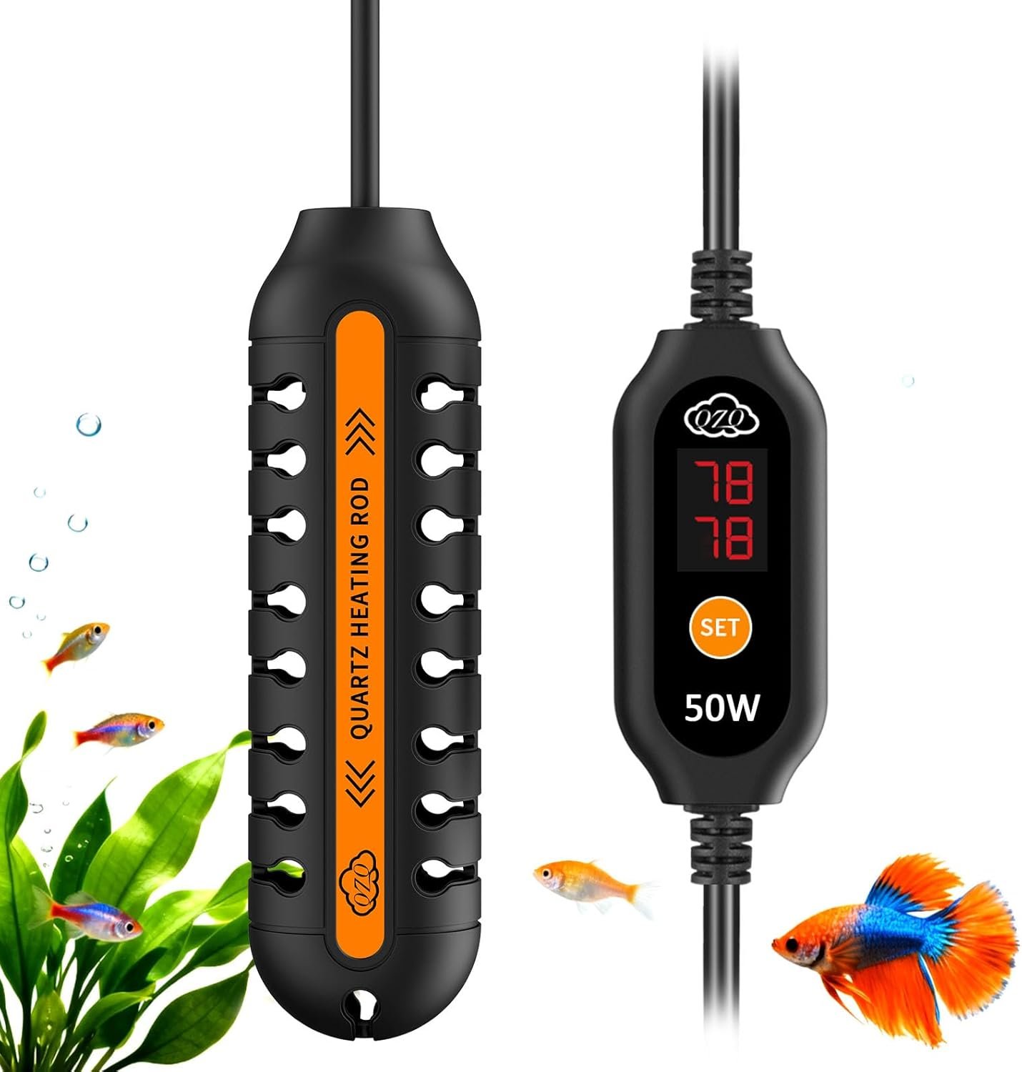 QZQ Aquarium Heater, 50W Adjustable Fish Tank Heater with Digital Display, External Temperature Controller, Submersible Turtle Tank Heater for 5-10 Gallon Tanks
