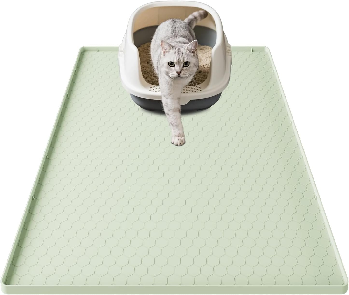 Cat Litter Mat, 34″ X 22″ Large Silicone Mat Cat Litter Trapping Mat, Waterproof Litter Box Mat, Soft on Kitty Paws, Urine-Proof, Easy to Clean, Non-Slip Kitty Litter Mat for Floor(Green)