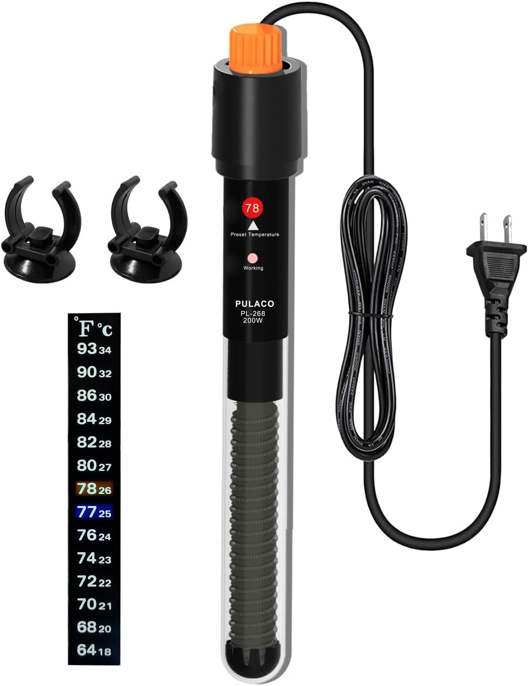 PULACO 200Watt Aquarium Heater for 25-50 Gallon Fish Tank, Adjustable Submersible Heater Thermostat with Thermometer Strip and Suction Cup