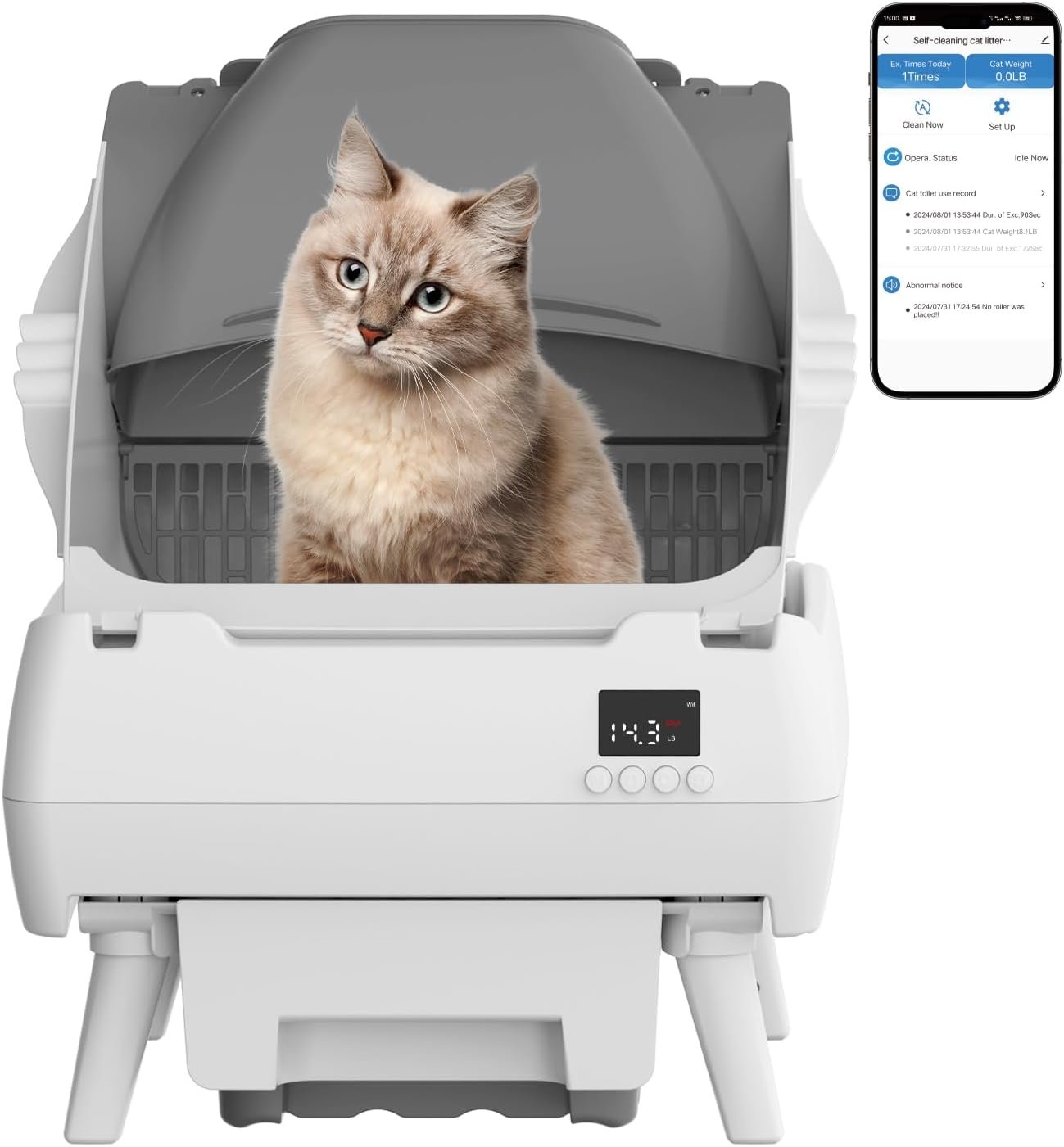 Automatic Cat Litter Box Self Cleaning – App Control, Open-Design, Smart Health Monitor, Suitable for Medium Cats and Kittens, Anti-Pinch Safety, Quiet Operation – Light White