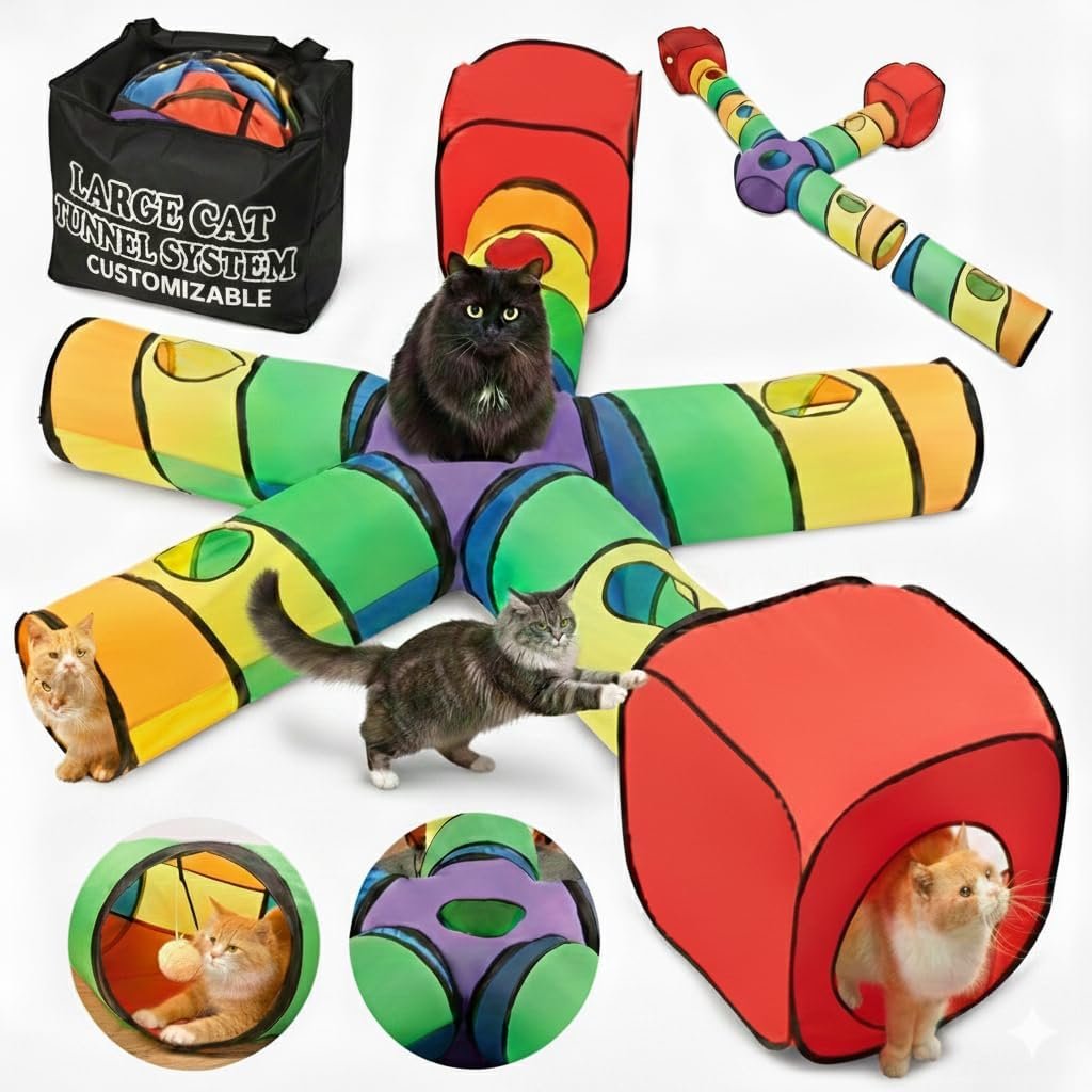 Genius Cat Tunnels for Indoor Cats – Large Customizable 5-Way Tunnel Tube System with Hanging Toys, Storage Bag, Tear-Resistant & Collapsible Play Center for Kittens, Small Dogs, & Rabbits